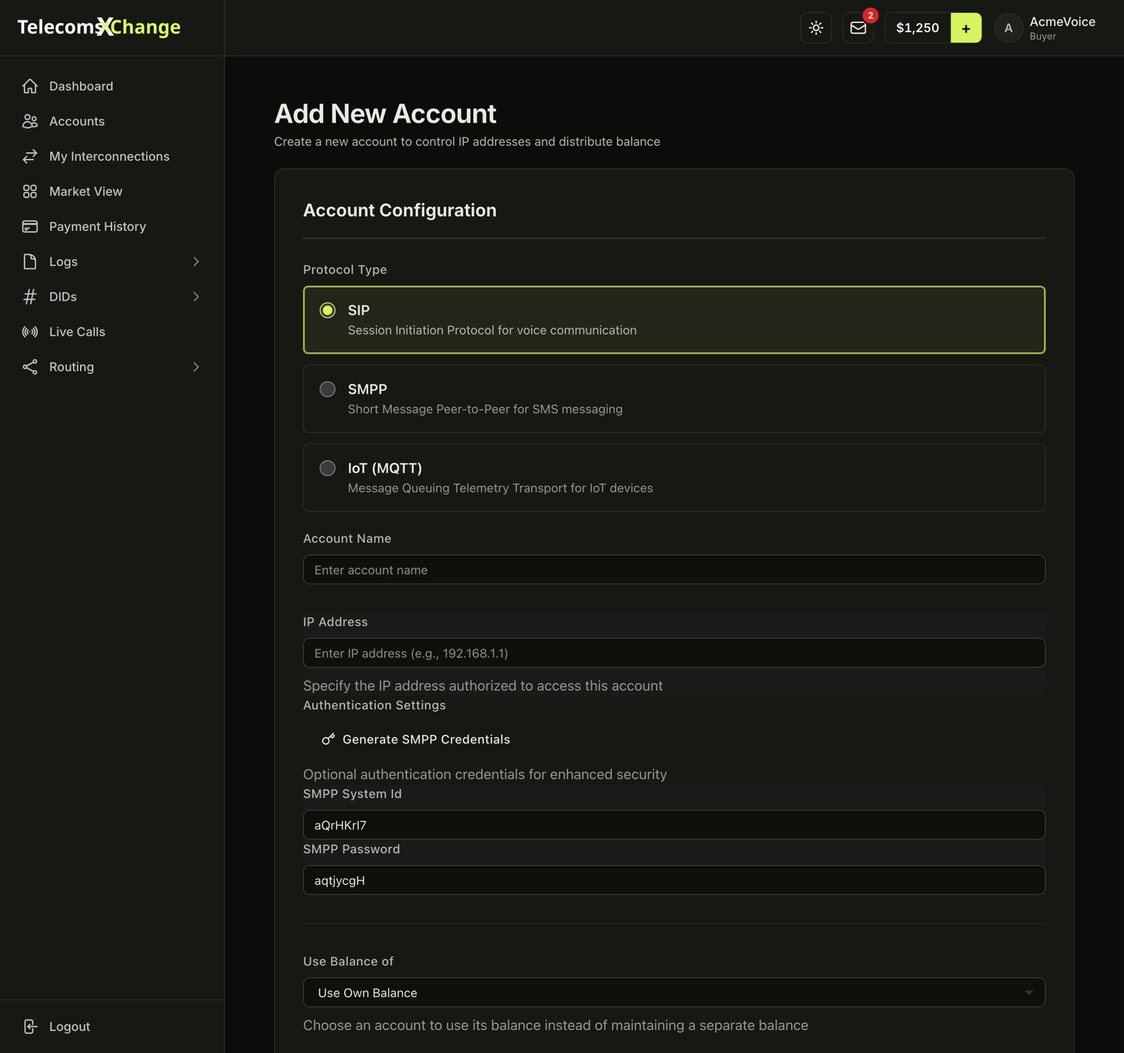 The Add New Account form with protocol, name, IP address and balance fields