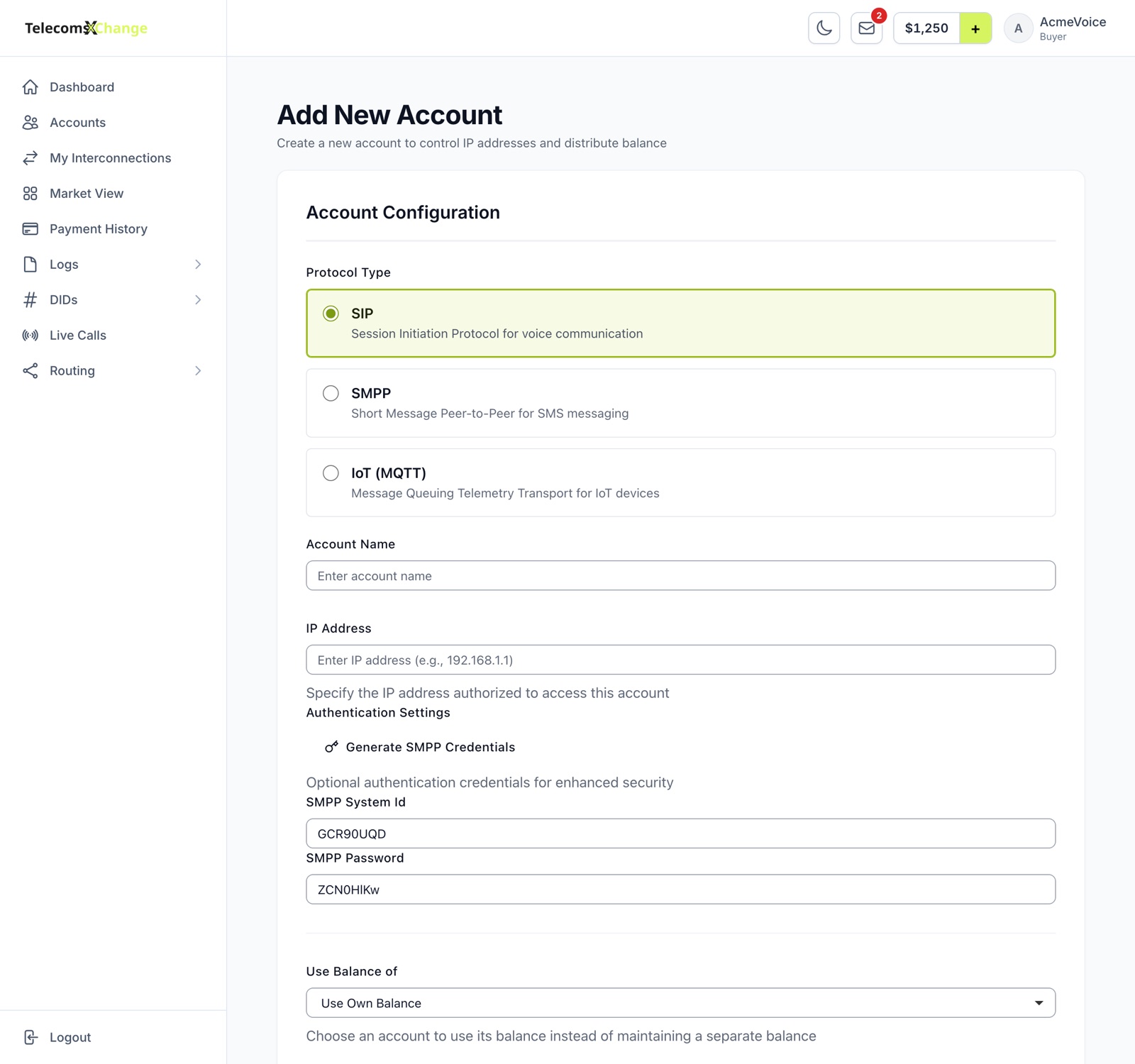 The Add New Account form with protocol, name, IP address and balance fields