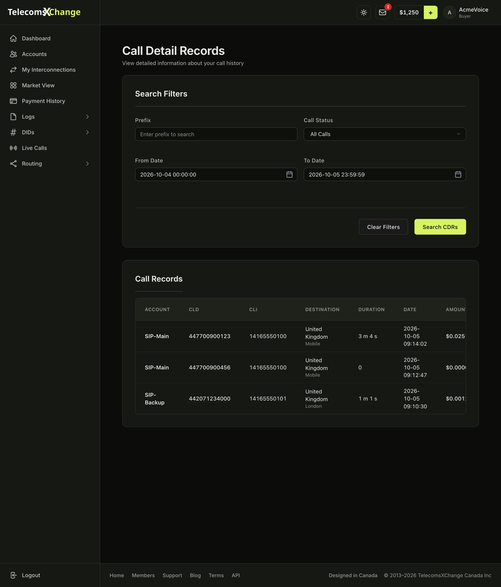 Call Detail Records with search filters and the list of calls