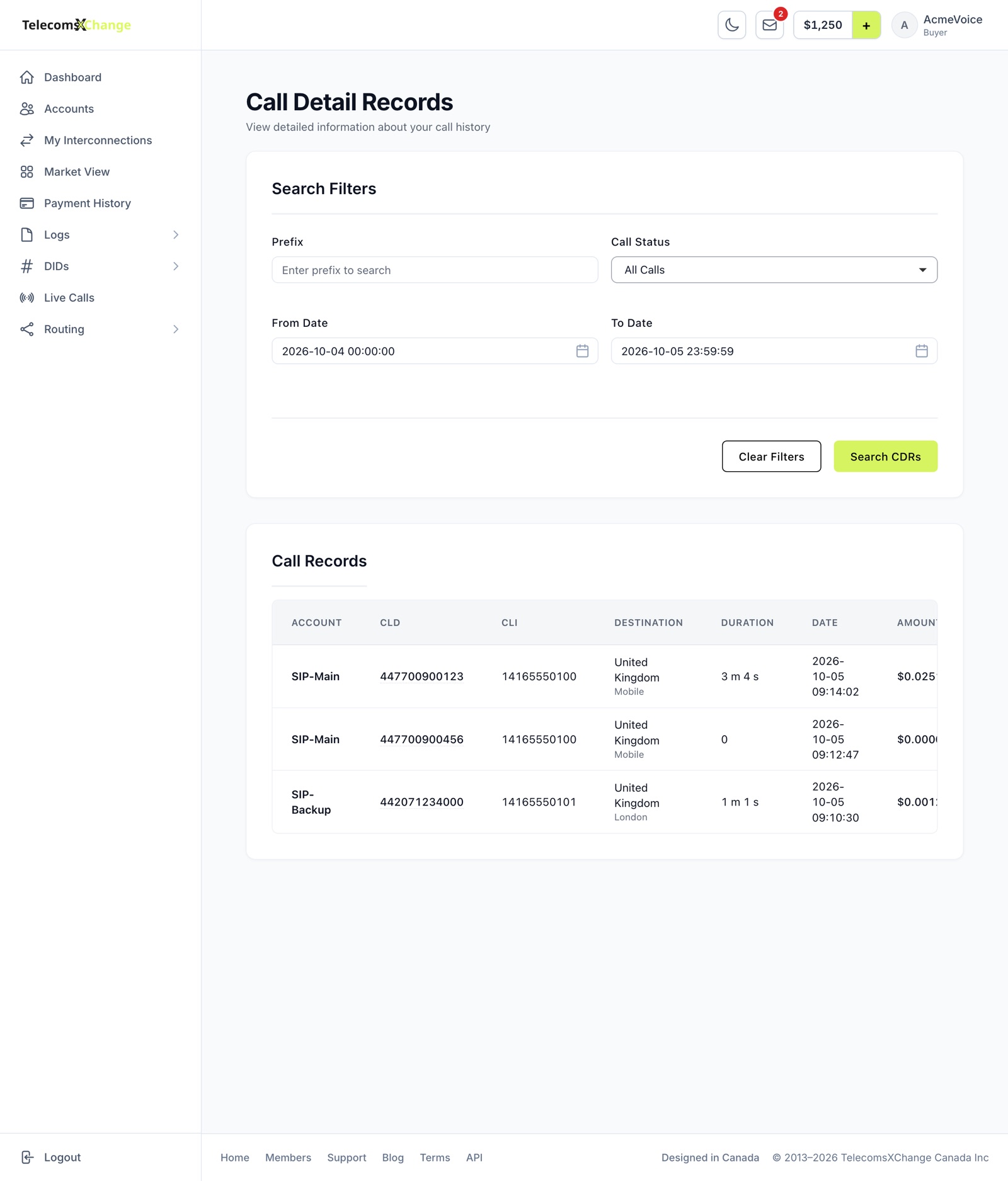 Call Detail Records with search filters and the list of calls
