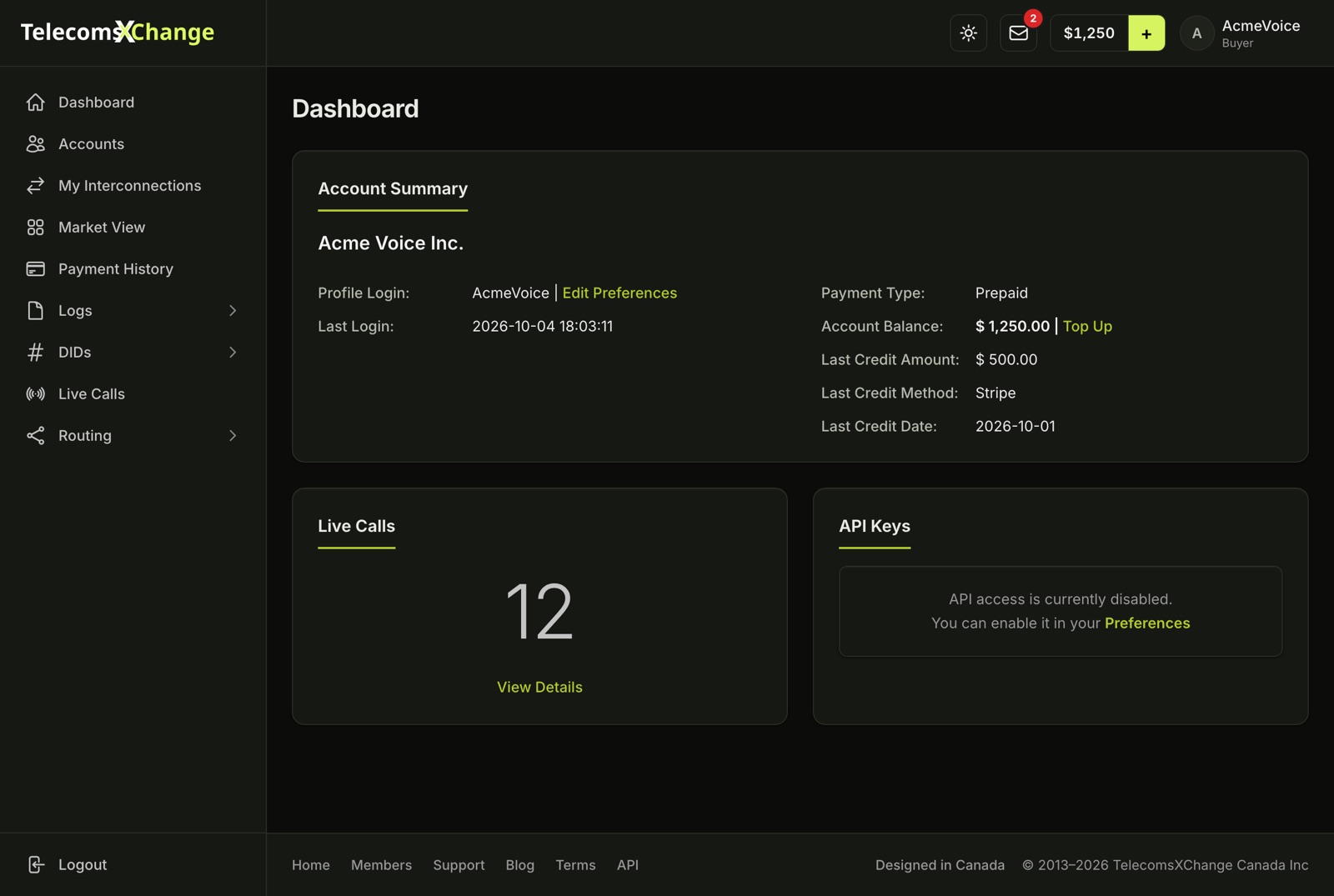 Buyer dashboard with Account Summary, Live Calls and API Keys