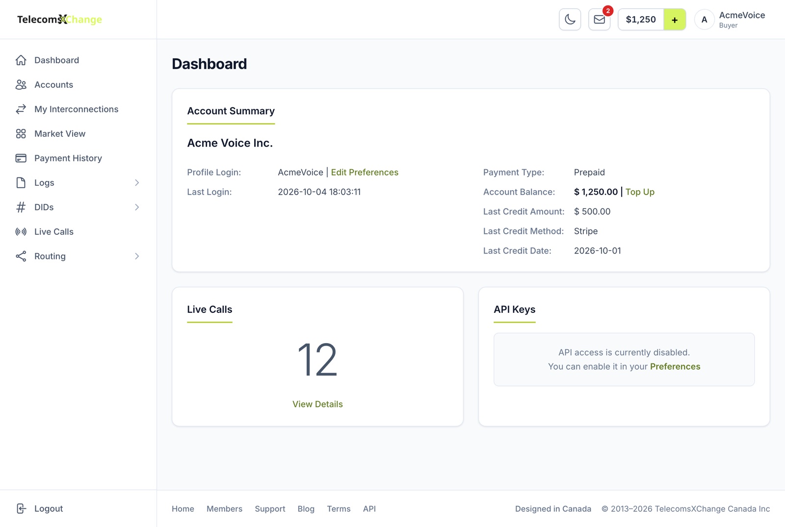 Buyer dashboard with Account Summary, Live Calls and API Keys