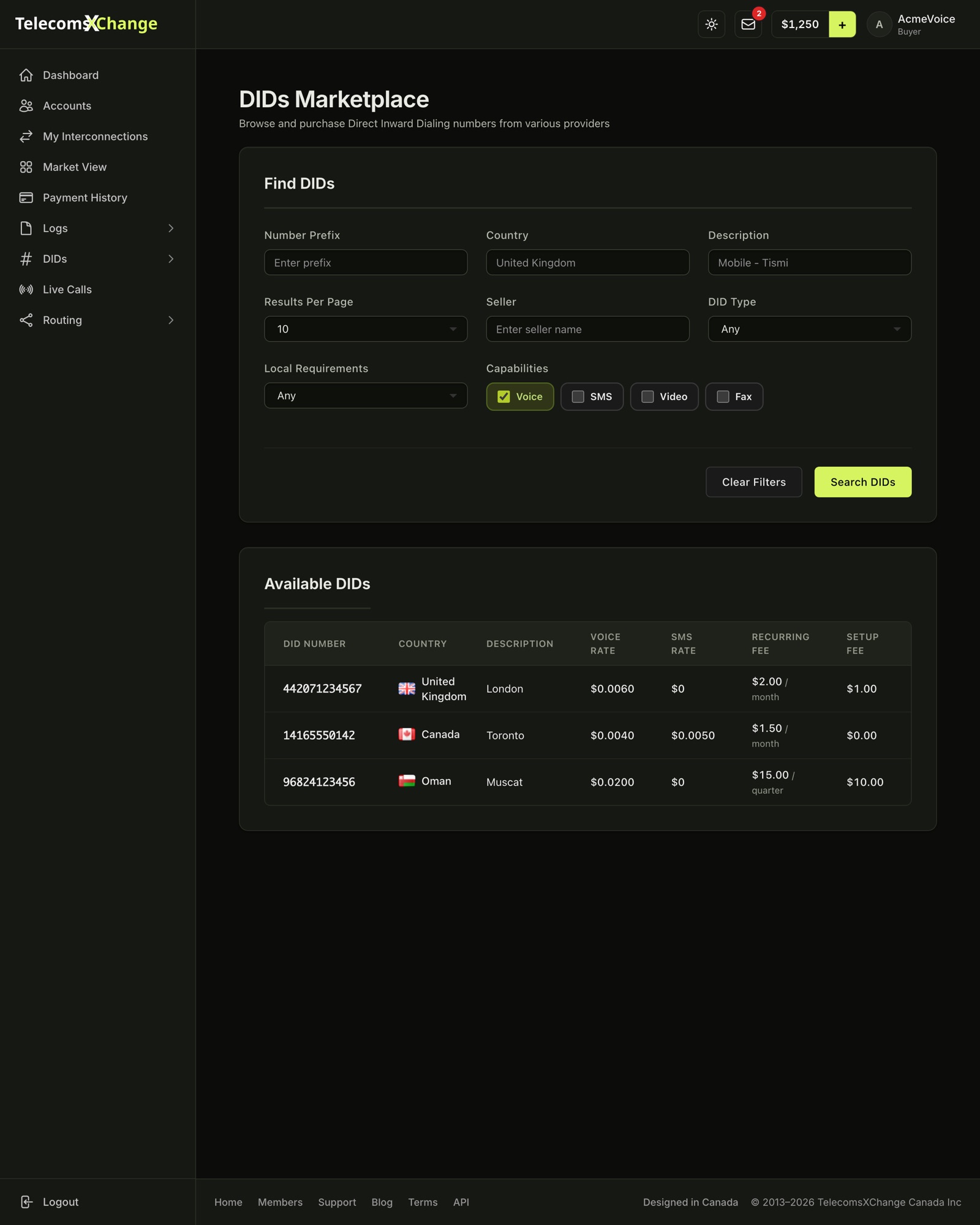 The DIDs Marketplace with search filters and available numbers, their rates, fees and capabilities