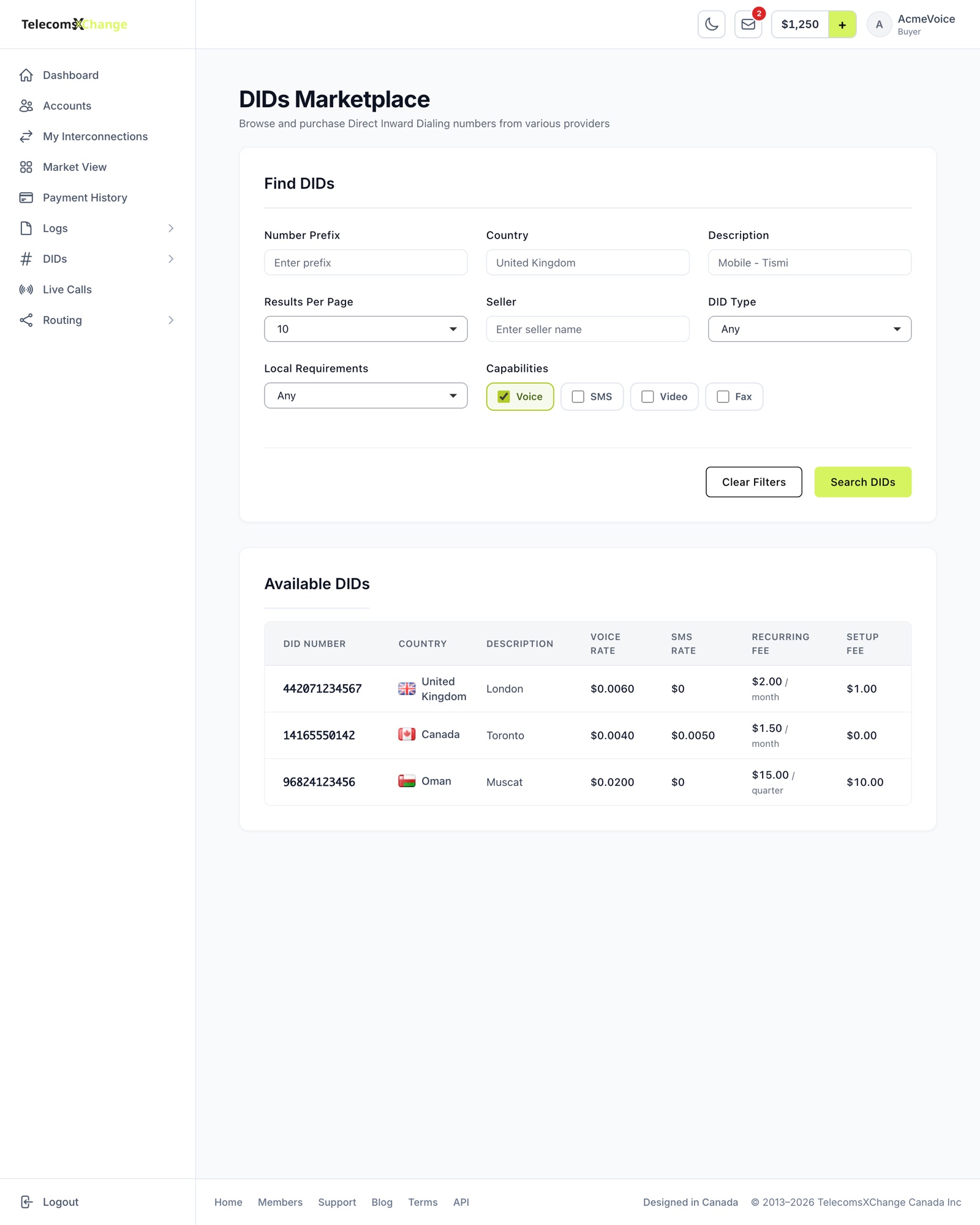 The DIDs Marketplace with search filters and available numbers, their rates, fees and capabilities