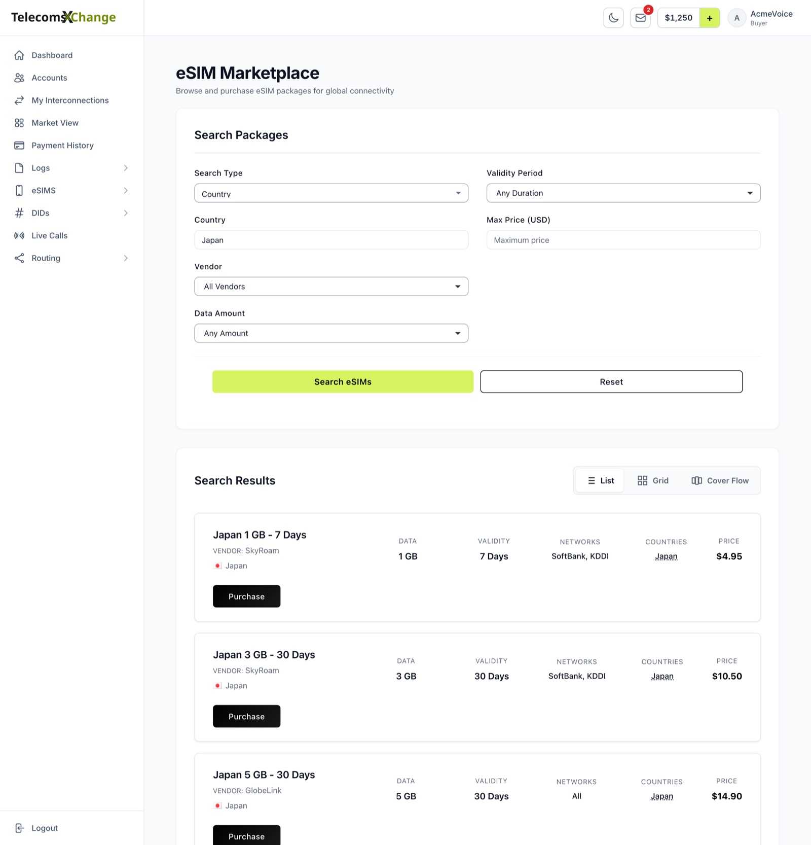 eSIM Market View with a country search for Japan and the matching packages, each with its vendor, data, validity, networks, countries and price