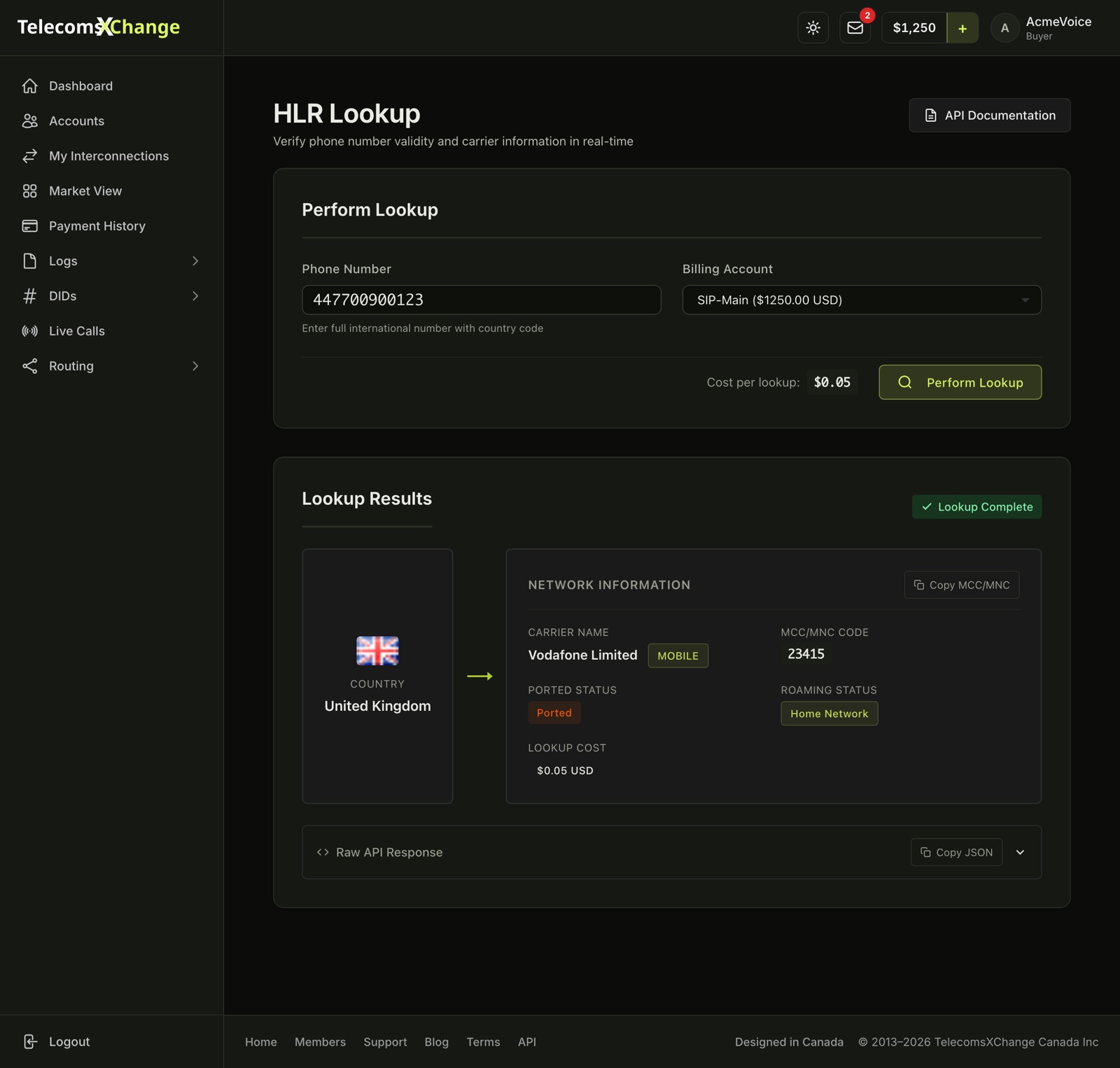 HLR Lookup with a completed result: the country, carrier name and network type, MCC/MNC code, ported and roaming status and the lookup cost