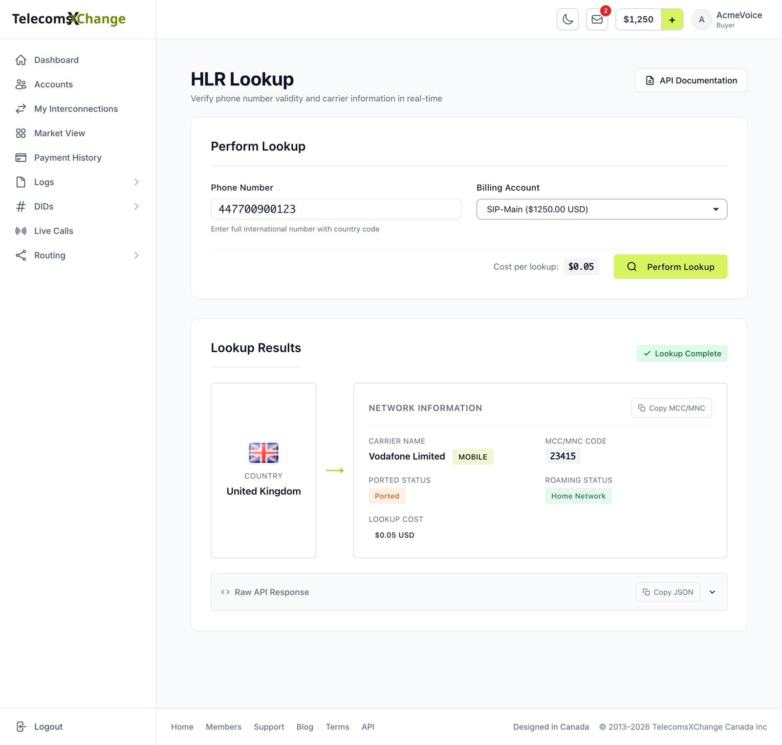 HLR Lookup with a completed result: the country, carrier name and network type, MCC/MNC code, ported and roaming status and the lookup cost