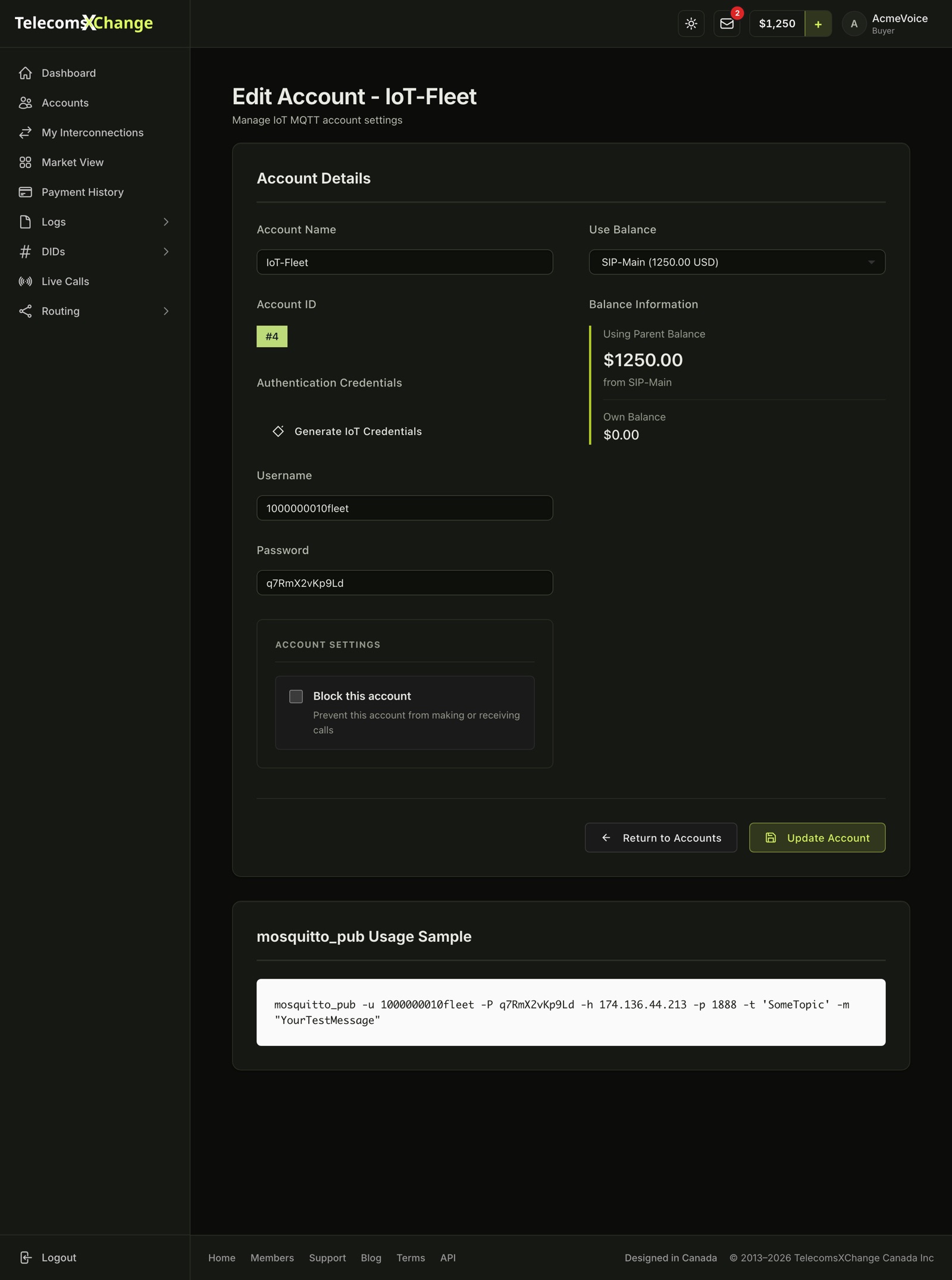 The edit page of an IoT (MQTT) account with its Username and Password and the mosquitto_pub Usage Sample