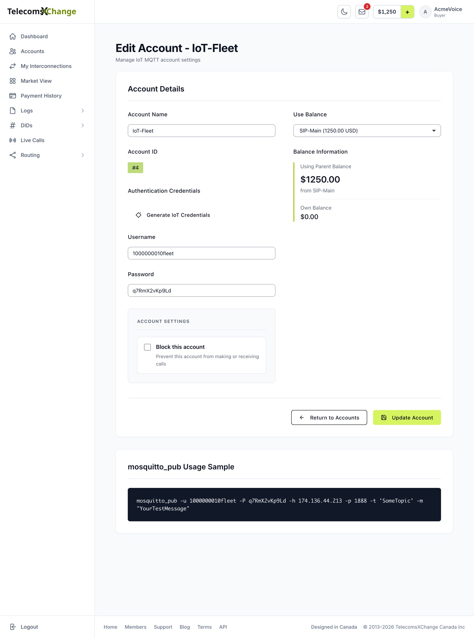The edit page of an IoT (MQTT) account with its Username and Password and the mosquitto_pub Usage Sample