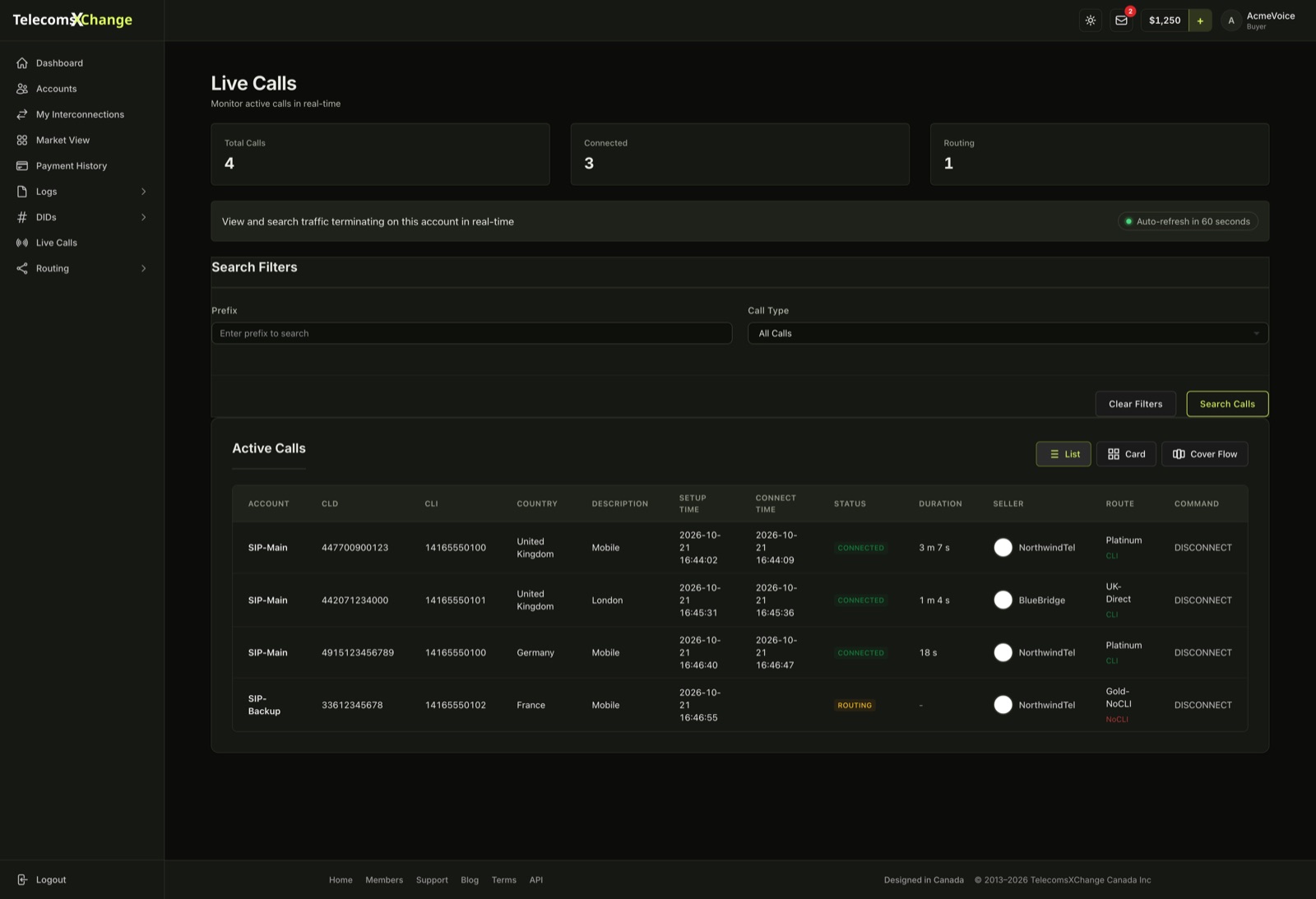 Live Calls with the Total, Connected and Routing counts and each active call's account, numbers, times, status, duration, seller and route