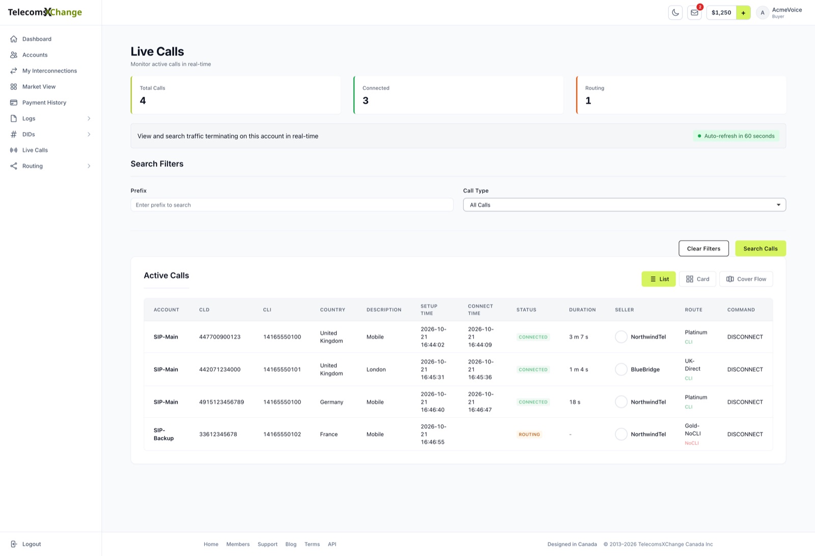 Live Calls with the Total, Connected and Routing counts and each active call's account, numbers, times, status, duration, seller and route