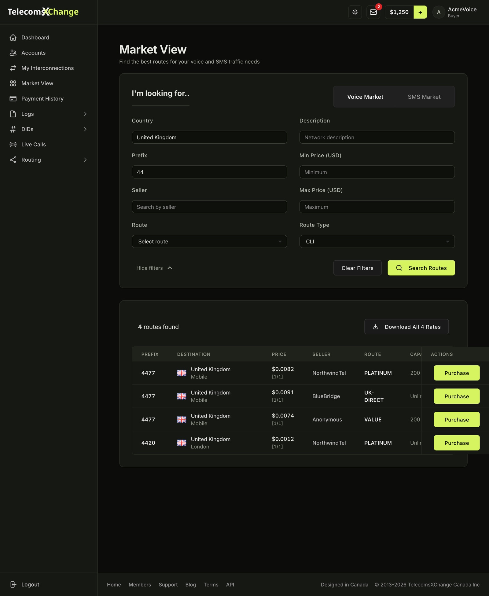 Market View search results with prefix, destination, price, seller, capacity and type