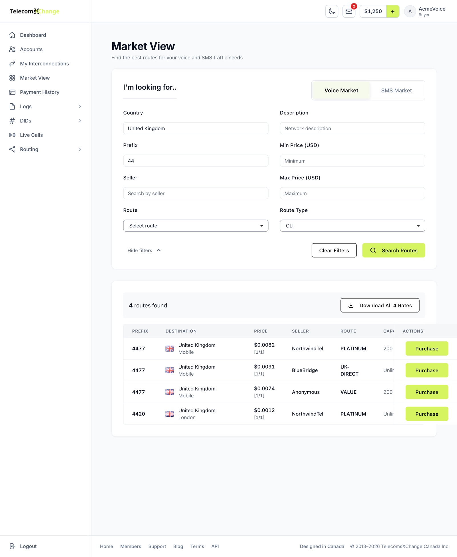 Market View search results with prefix, destination, price, seller, capacity and type