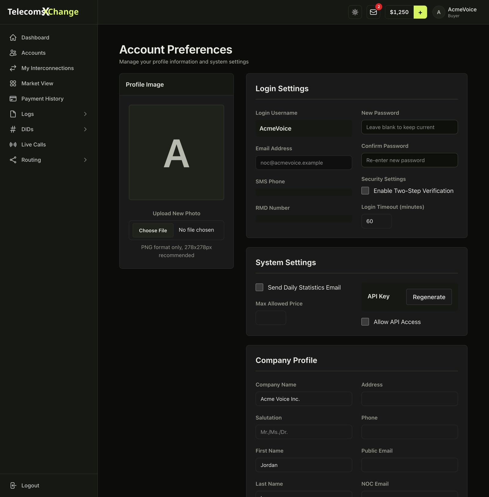 The Account Preferences page with Login Settings, System Settings and Company Profile