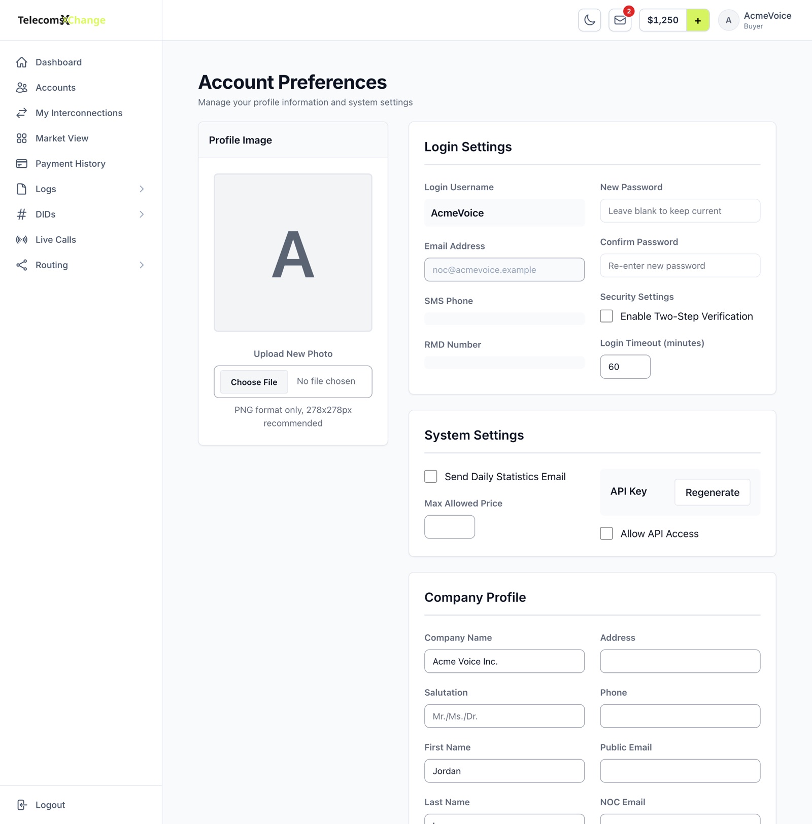 The Account Preferences page with Login Settings, System Settings and Company Profile