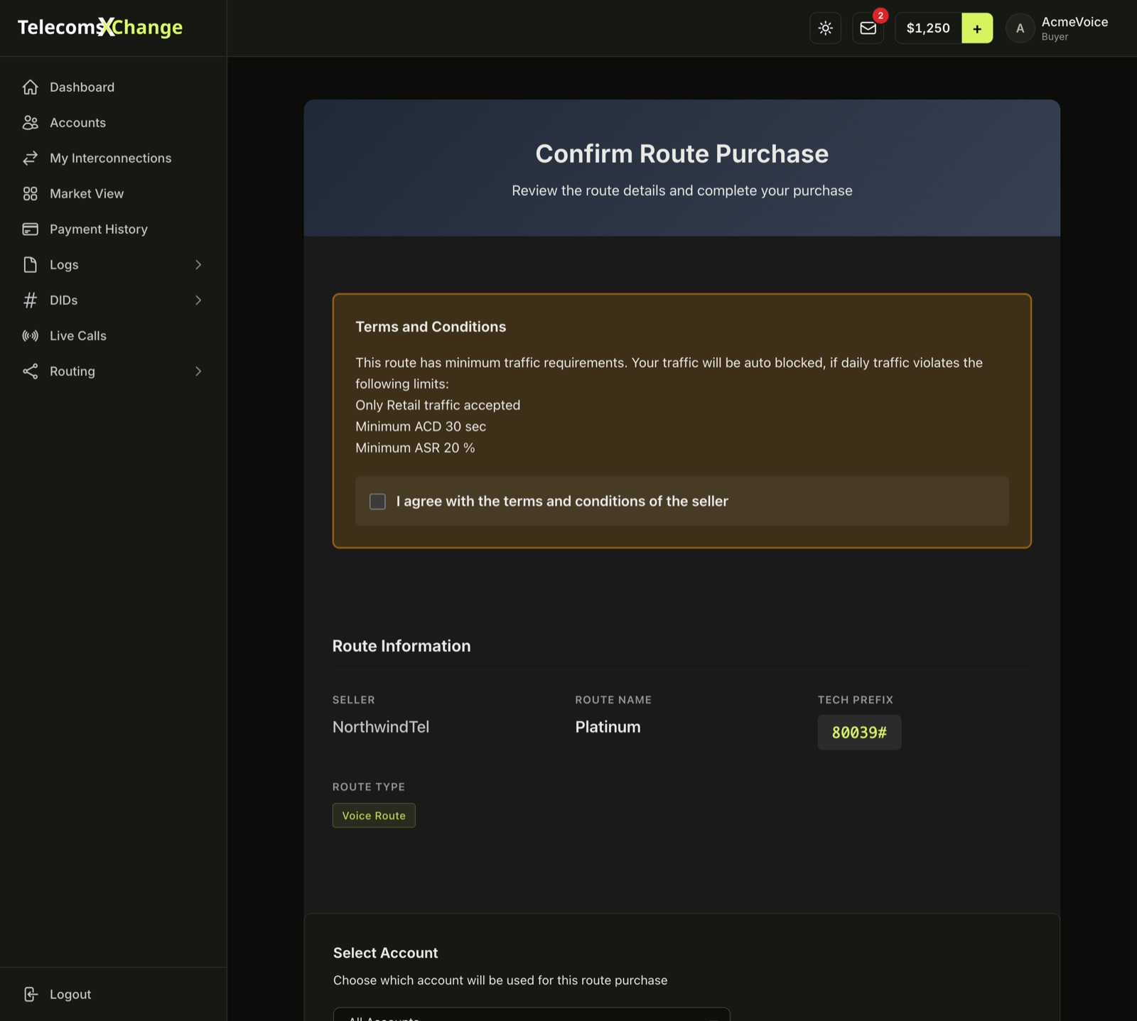 The Confirm Route Purchase page with route information and account selection