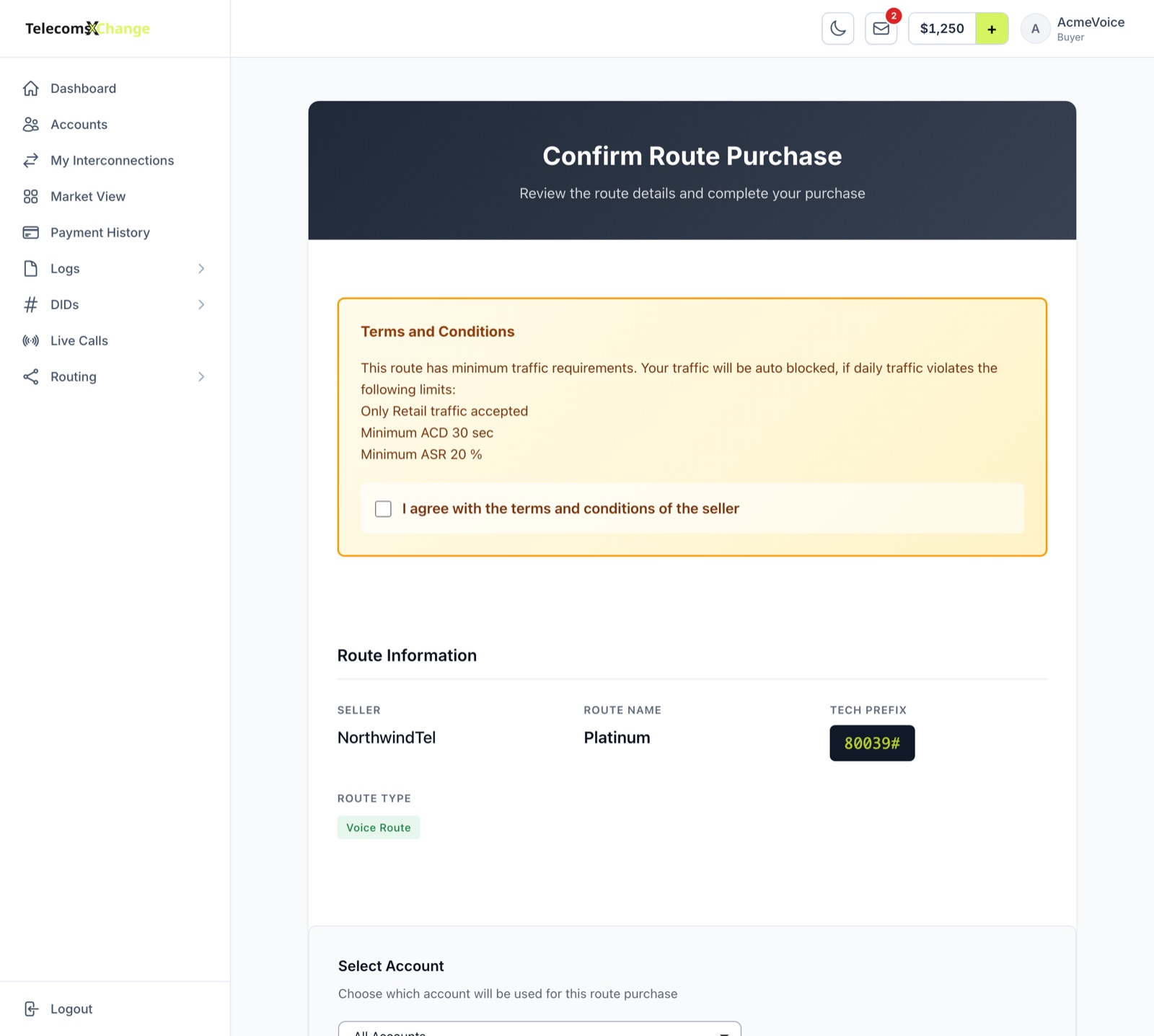 The Confirm Route Purchase page with route information and account selection