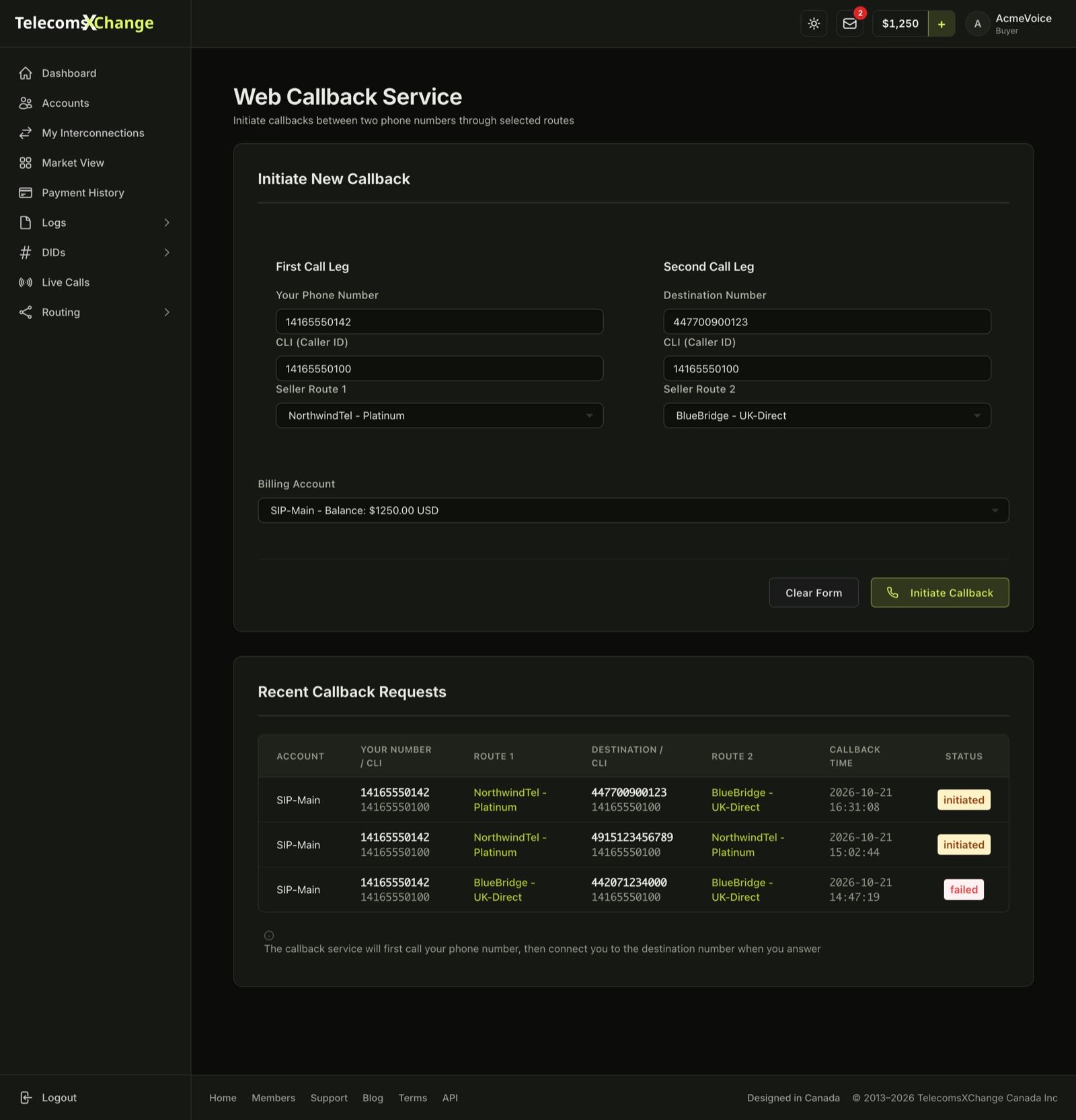 The Web Callback Service with both call legs and the billing account filled in, and the Recent Callback Requests list