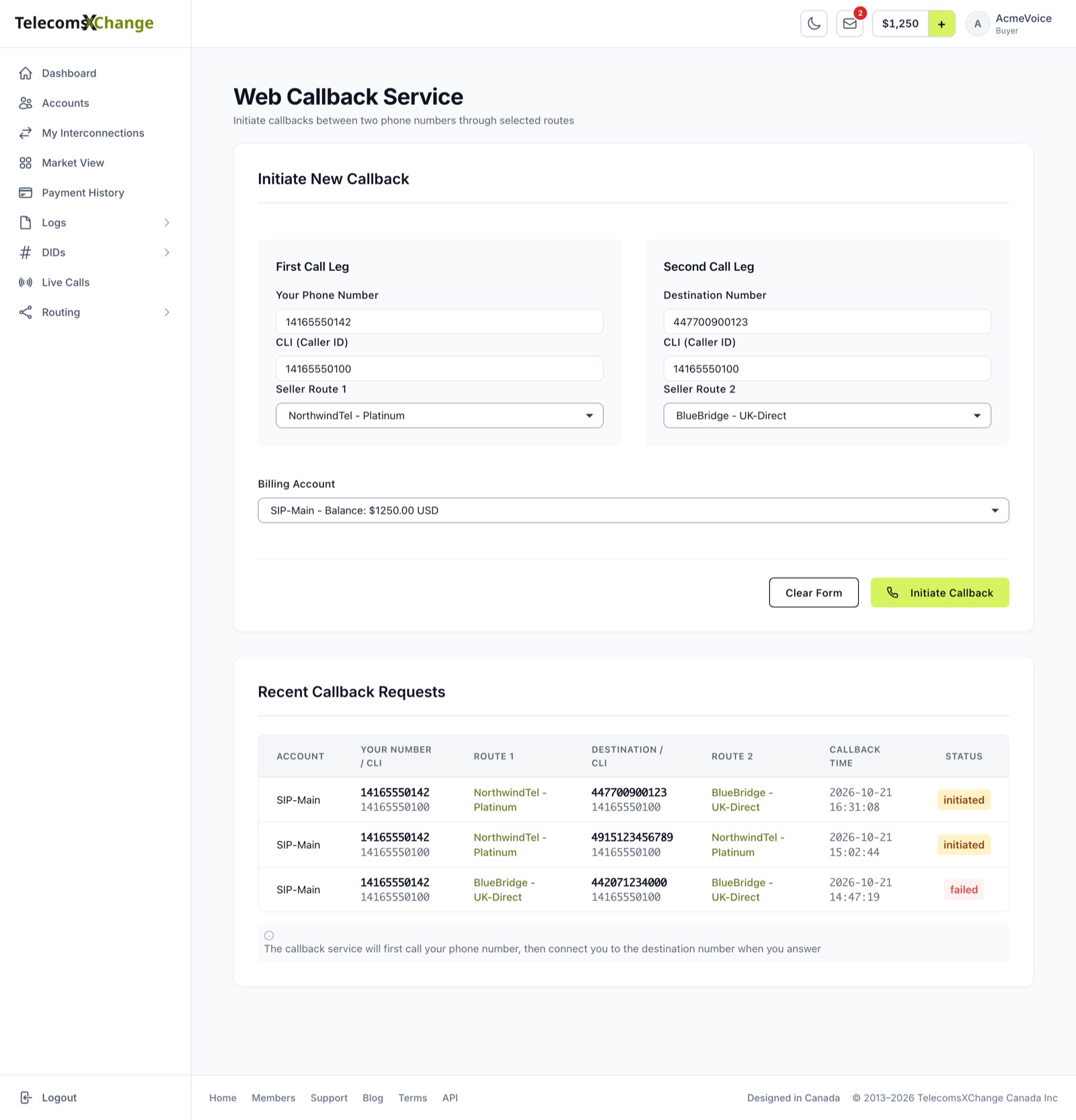 The Web Callback Service with both call legs and the billing account filled in, and the Recent Callback Requests list