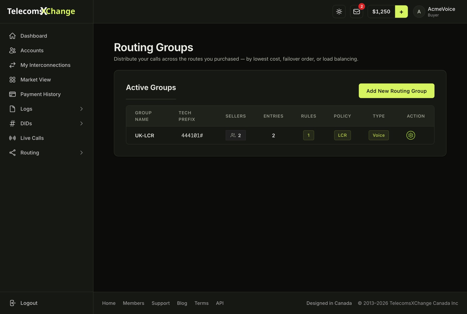 The Routing Groups list with each group's tech prefix, sellers, entries, rules, policy and type