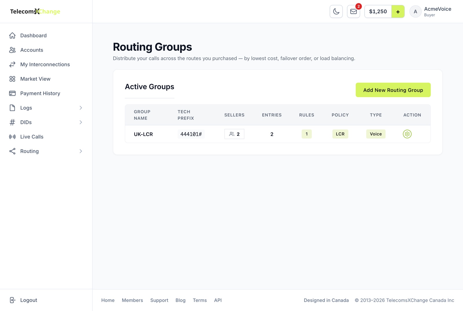 The Routing Groups list with each group's tech prefix, sellers, entries, rules, policy and type