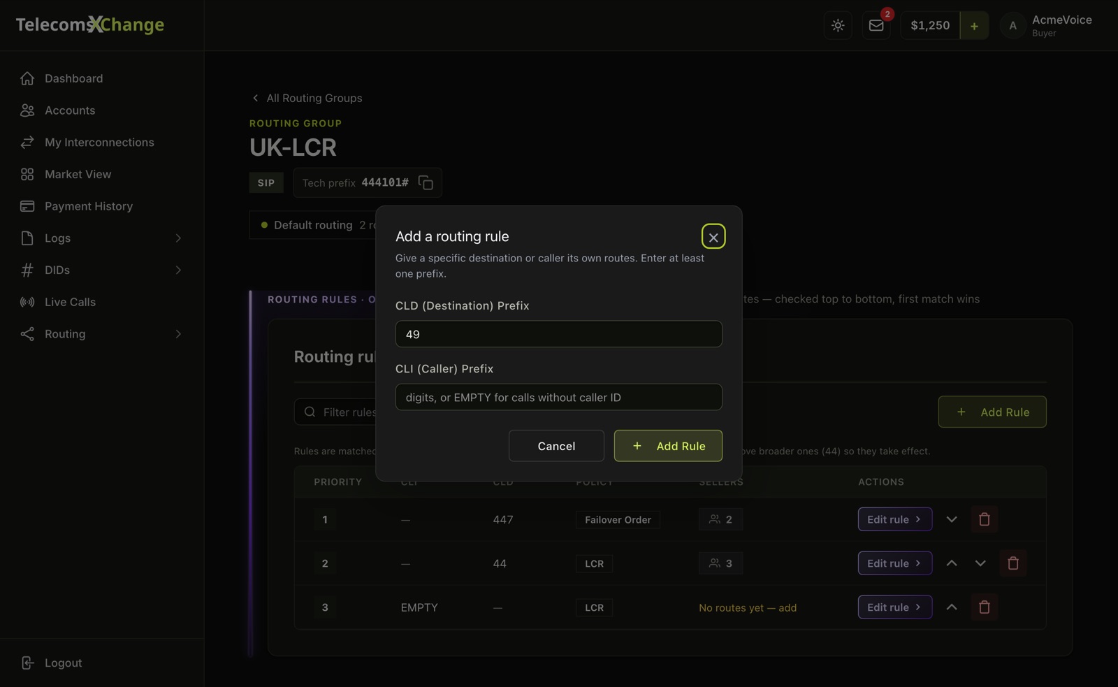The Add a routing rule window with CLD (Destination) Prefix 49, an empty CLI (Caller) Prefix, and the Cancel and Add Rule buttons