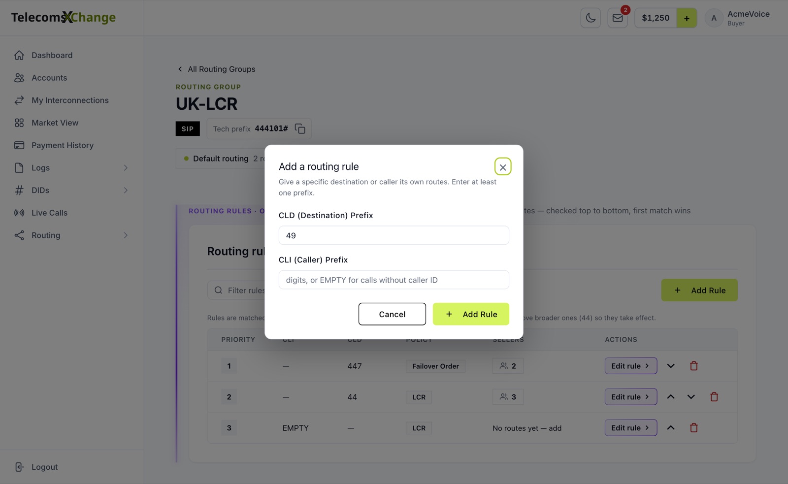The Add a routing rule window with CLD (Destination) Prefix 49, an empty CLI (Caller) Prefix, and the Cancel and Add Rule buttons