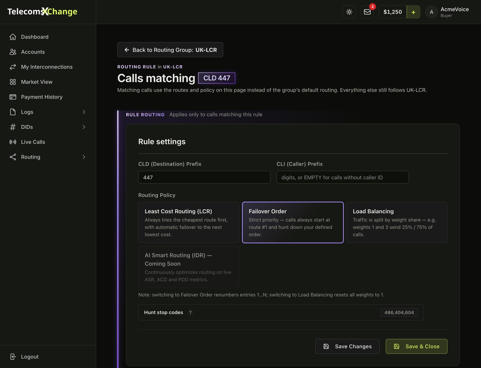 A routing rule's page: Back to Routing Group UK-LCR, Calls matching CLD 447, the CLD and CLI prefix fields, the routing policy cards with Failover Order selected, and the hunt stop codes