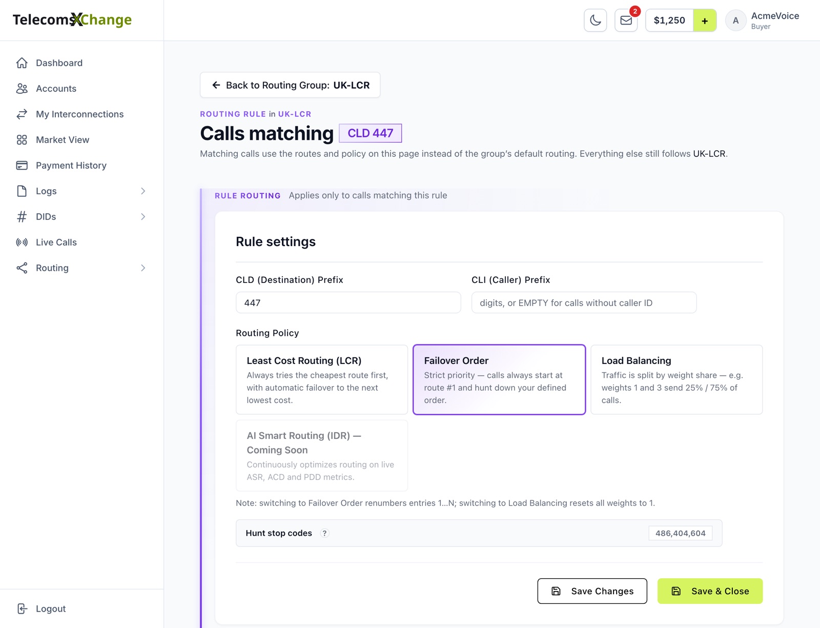 A routing rule's page: Back to Routing Group UK-LCR, Calls matching CLD 447, the CLD and CLI prefix fields, the routing policy cards with Failover Order selected, and the hunt stop codes