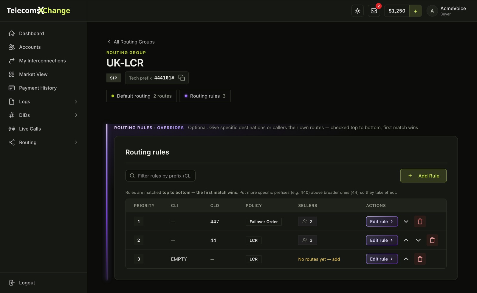 A routing group's Routing rules section with the prefix filter, the Add Rule button and three rules: CLD 447 on Failover Order, CLD 44 on LCR, and CLI EMPTY with no routes yet