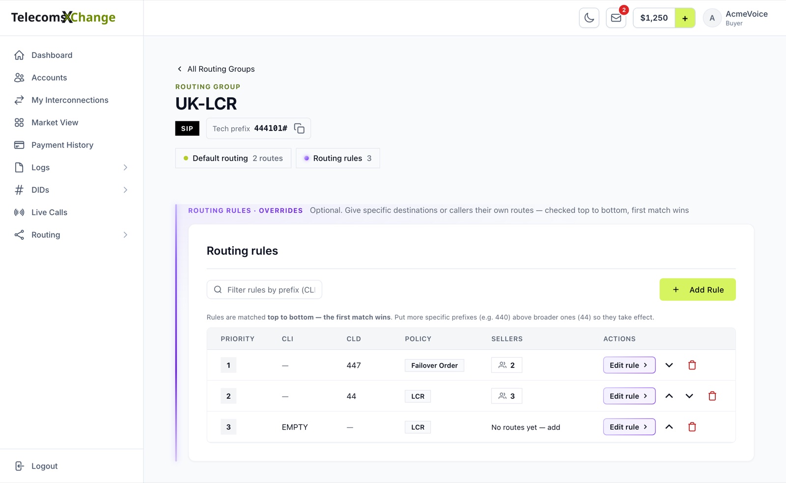 A routing group's Routing rules section with the prefix filter, the Add Rule button and three rules: CLD 447 on Failover Order, CLD 44 on LCR, and CLI EMPTY with no routes yet