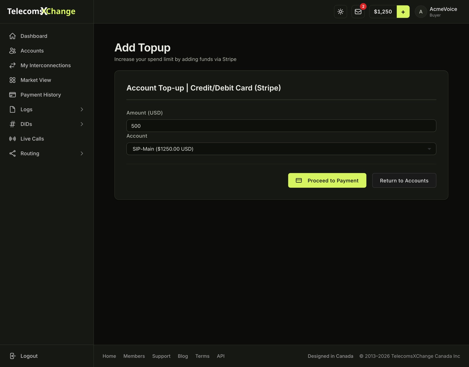 The card top-up page (Stripe) with amount, account and Auto-Recharge fields
