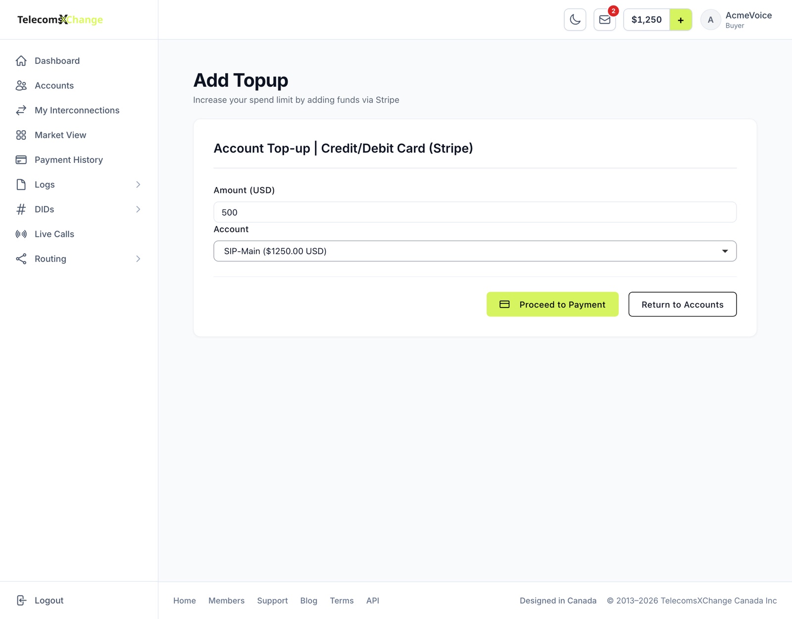 The card top-up page (Stripe) with amount, account and Auto-Recharge fields