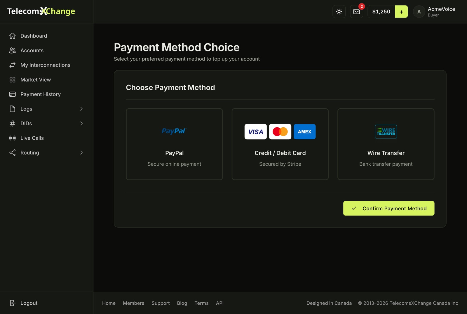 The Payment Method Choice page with card, PayPal and wire options
