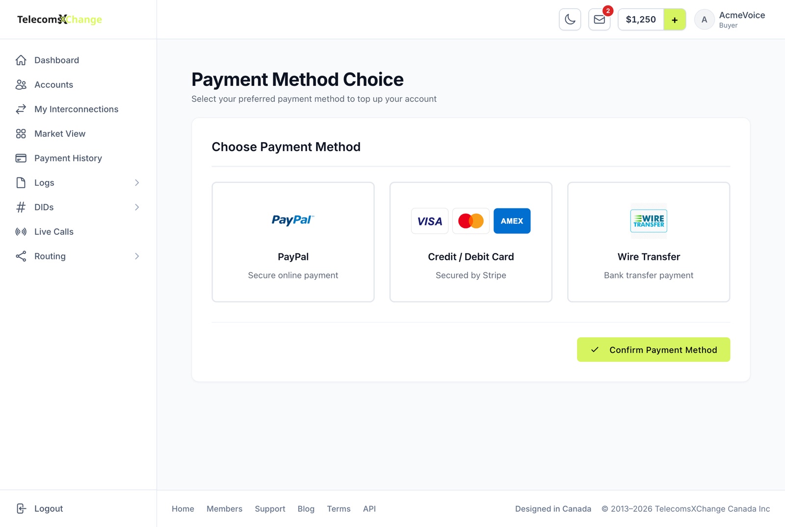 The Payment Method Choice page with card, PayPal and wire options