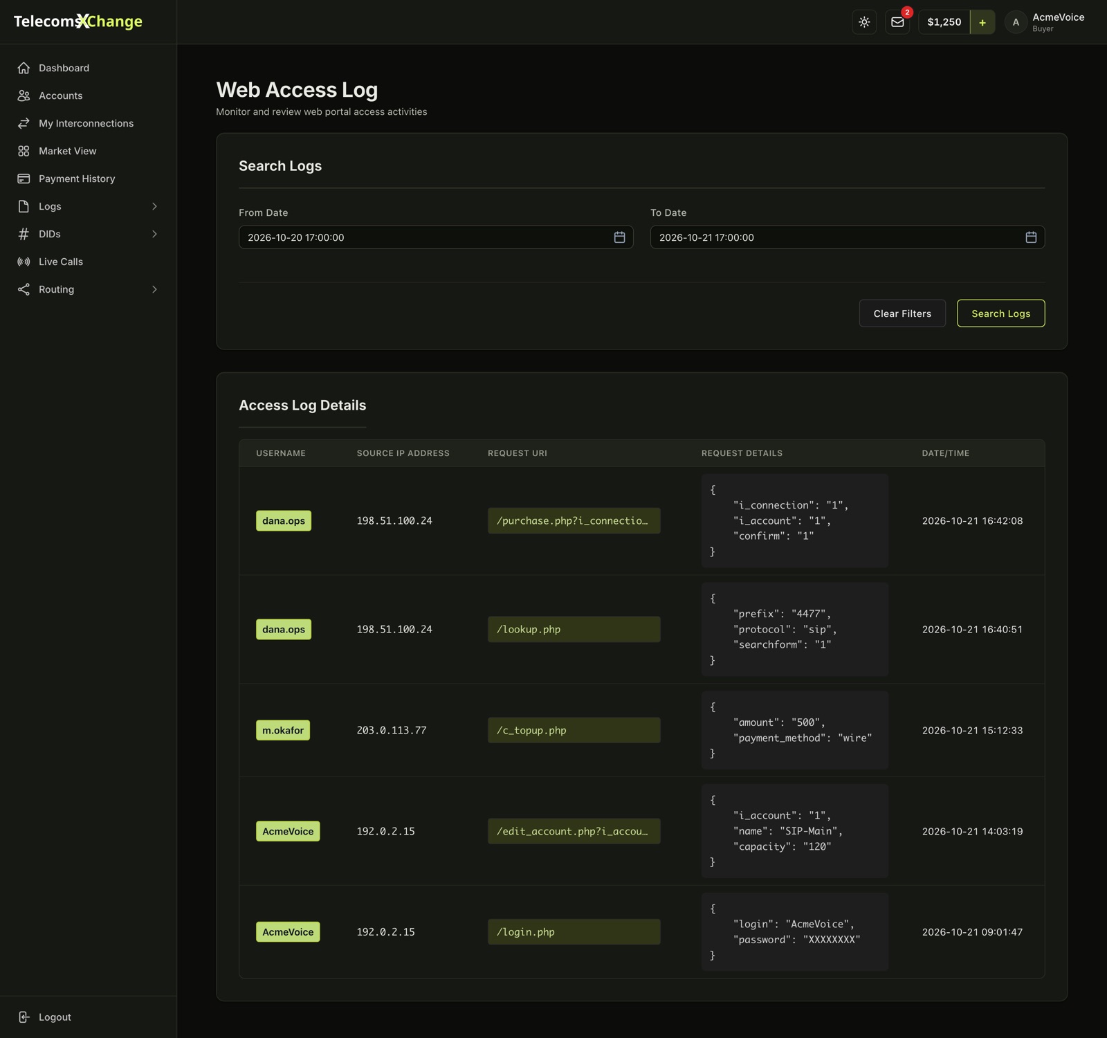 The Web Access Log with the date filters and each request's username, source IP address, request URI, request details and time