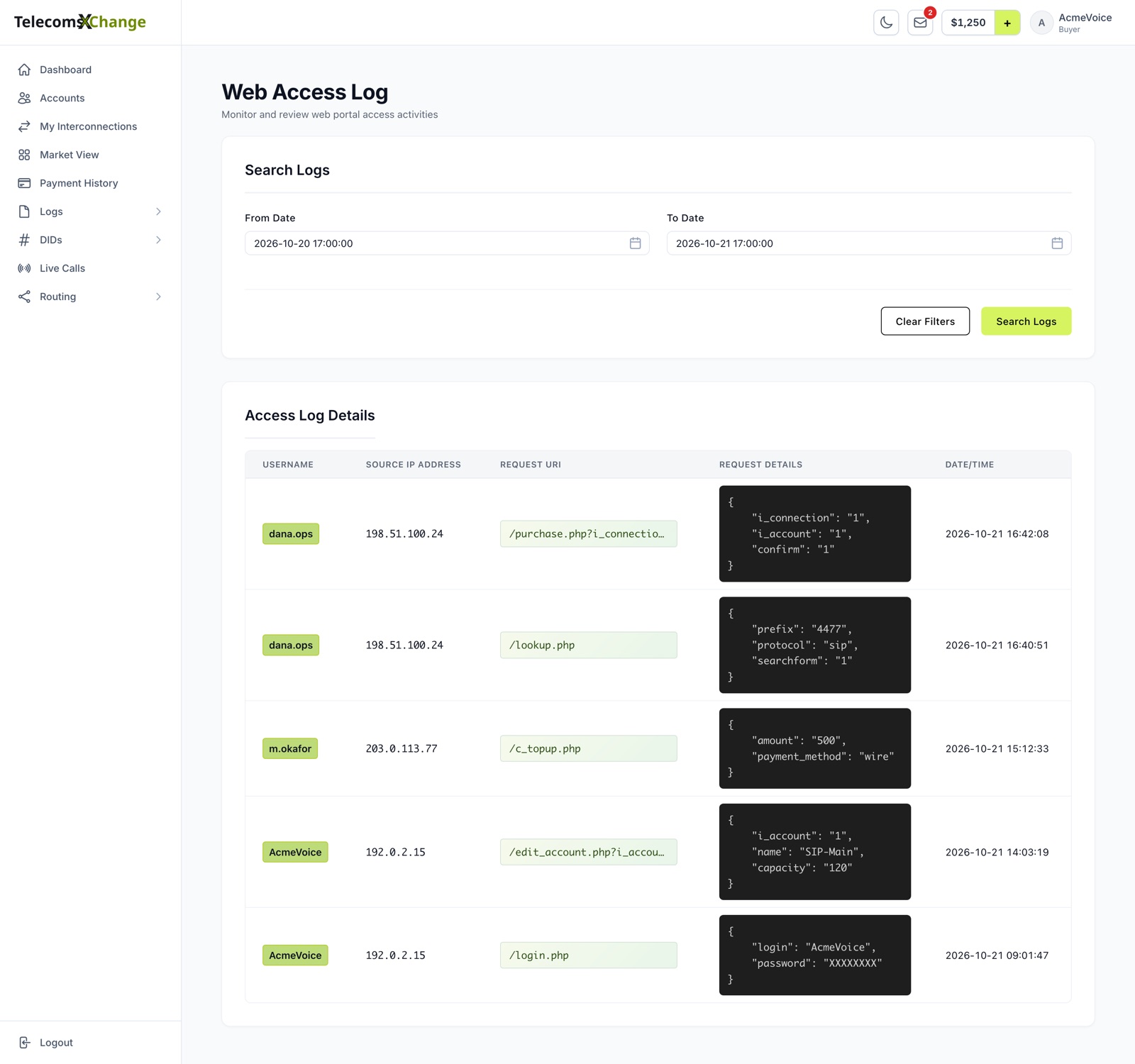 The Web Access Log with the date filters and each request's username, source IP address, request URI, request details and time