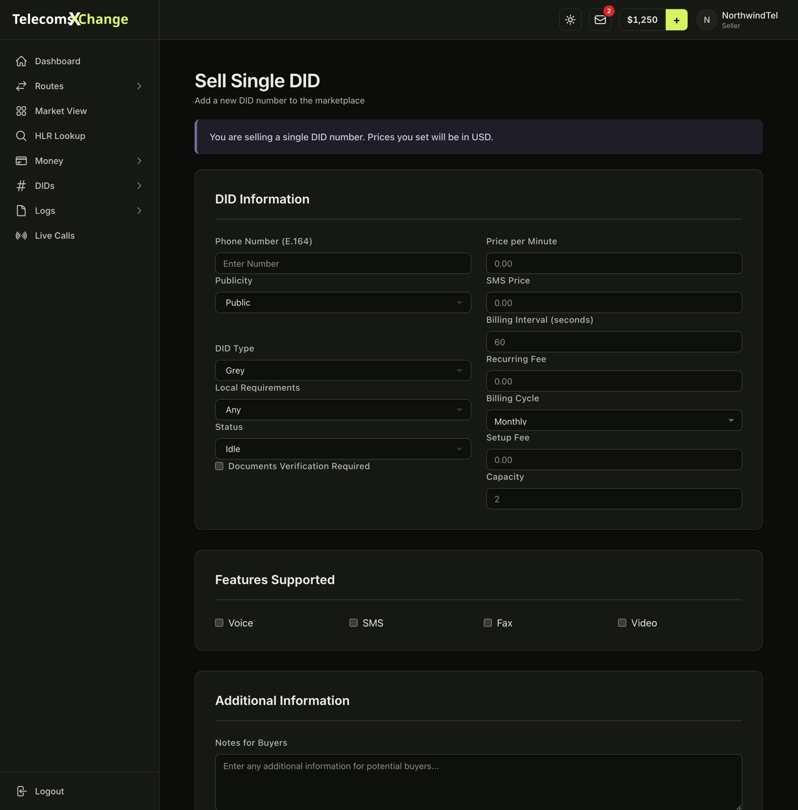The Sell Single DID form with number details, prices and supported features