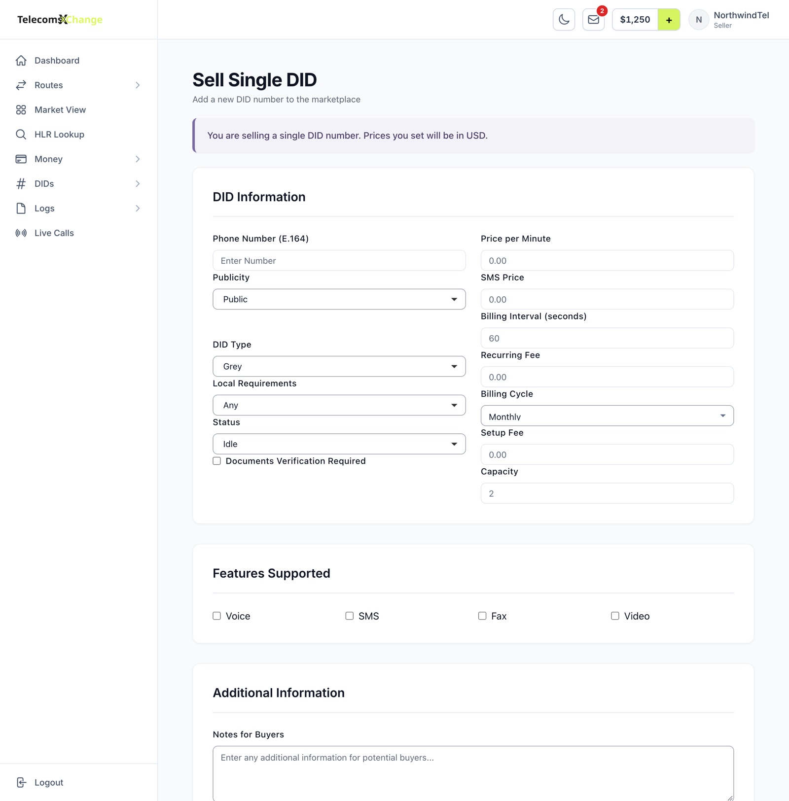 The Sell Single DID form with number details, prices and supported features
