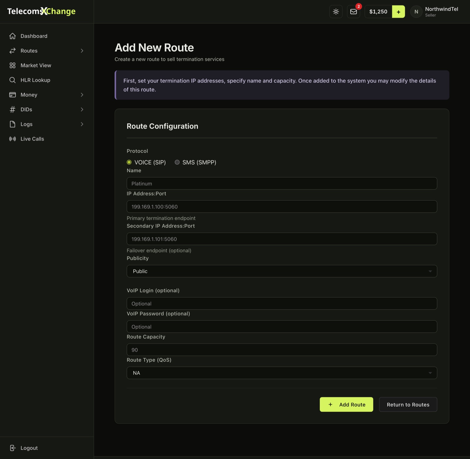 The Add New Route form with Protocol, Name, IP Address:Port, Publicity, capacity and Route Type