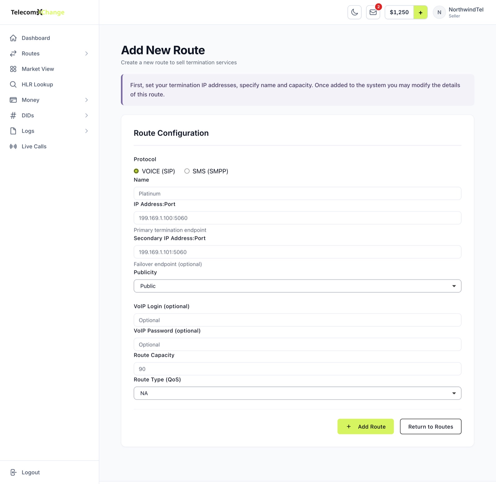 The Add New Route form with Protocol, Name, IP Address:Port, Publicity, capacity and Route Type