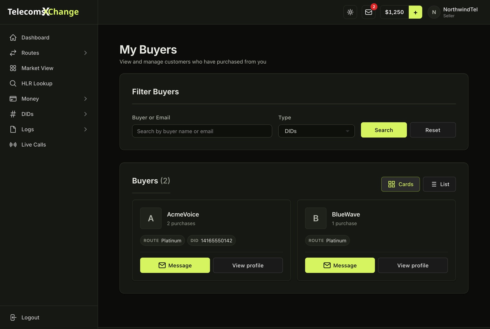 The My Buyers page with buyer filters and the buyer list