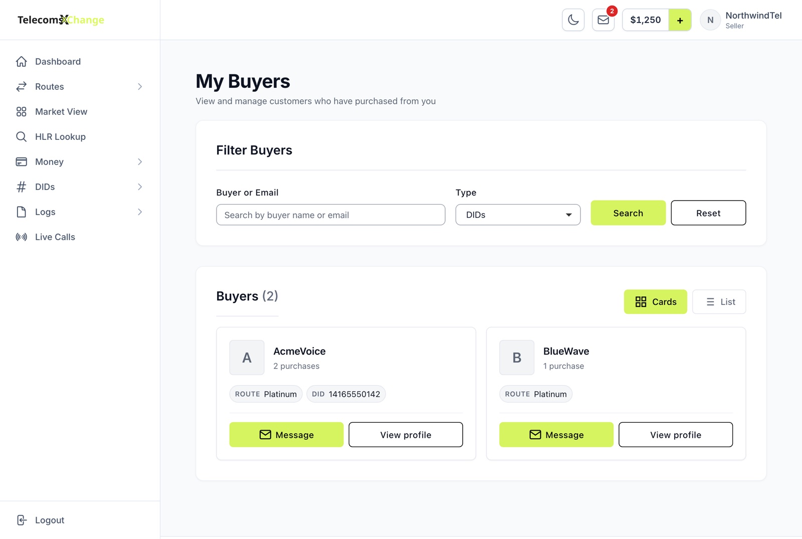The My Buyers page with buyer filters and the buyer list