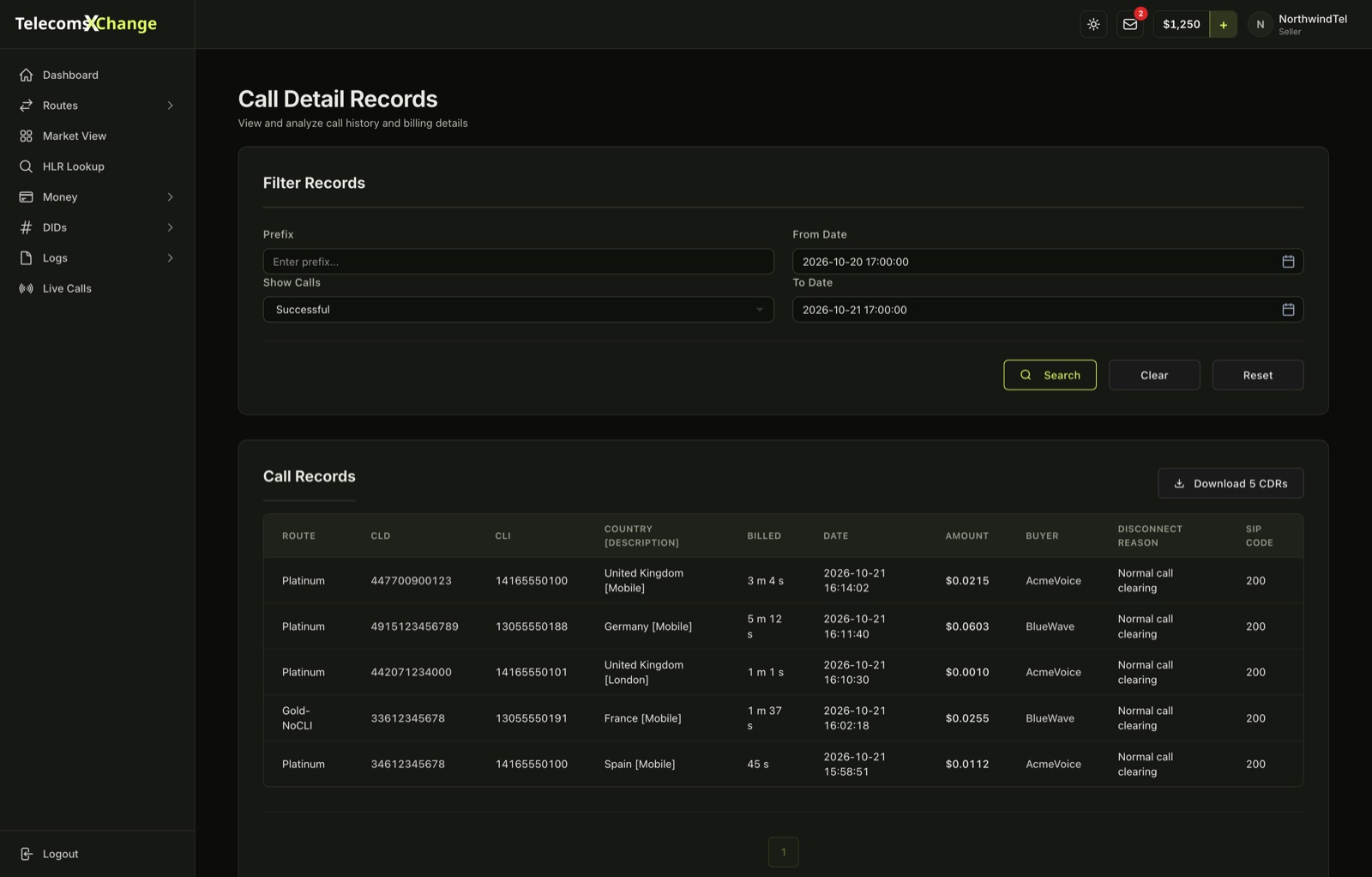Seller Call Detail Records with the filters and each call's route, CLD, CLI, country, billed duration, amount, buyer, disconnect reason and SIP code
