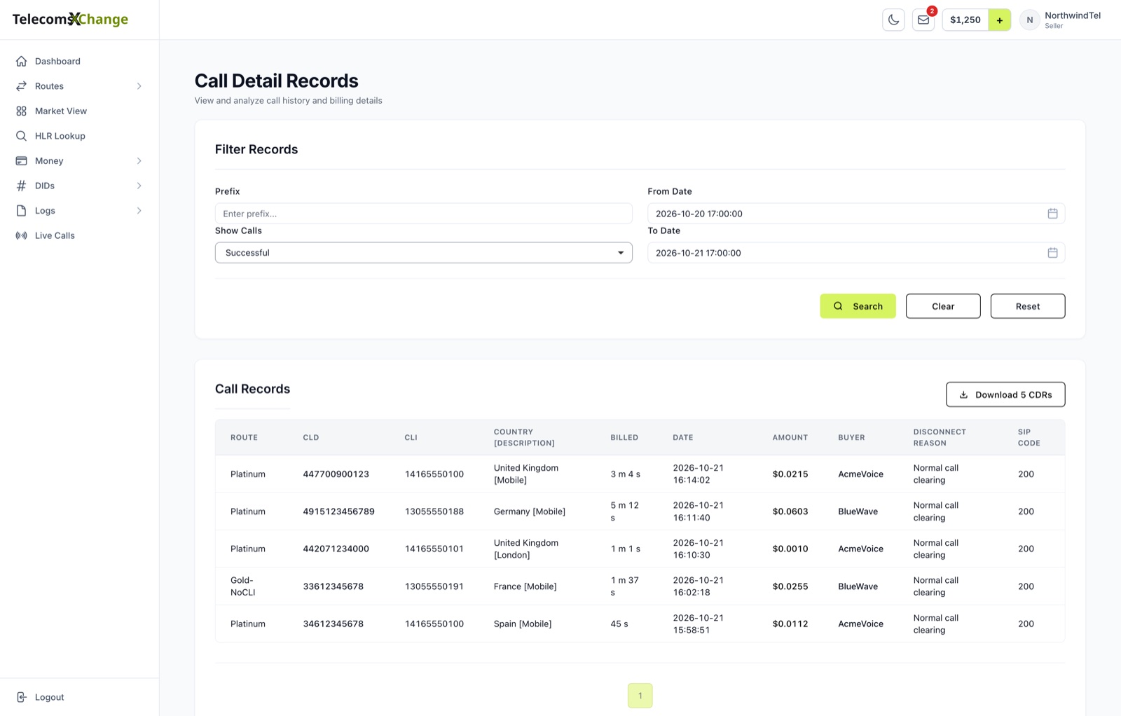 Seller Call Detail Records with the filters and each call's route, CLD, CLI, country, billed duration, amount, buyer, disconnect reason and SIP code