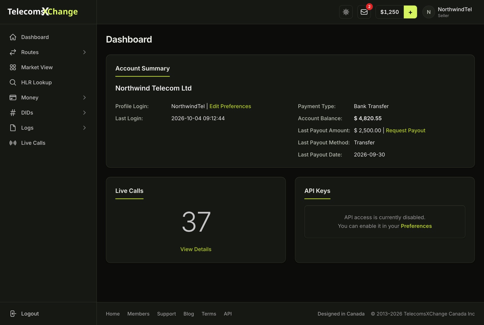 The seller dashboard with Account Summary, Live Calls and API Keys