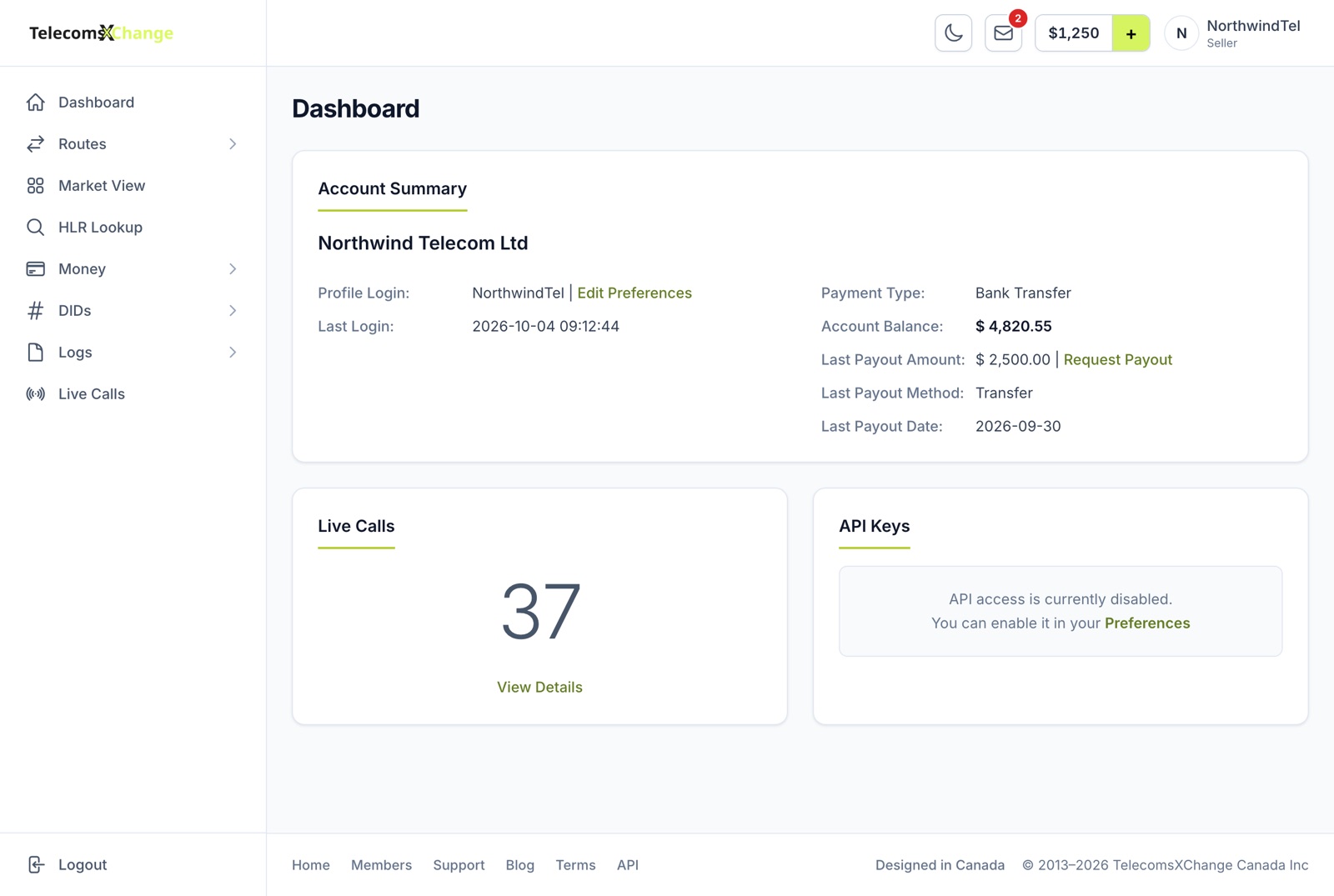 The seller dashboard with Account Summary, Live Calls and API Keys