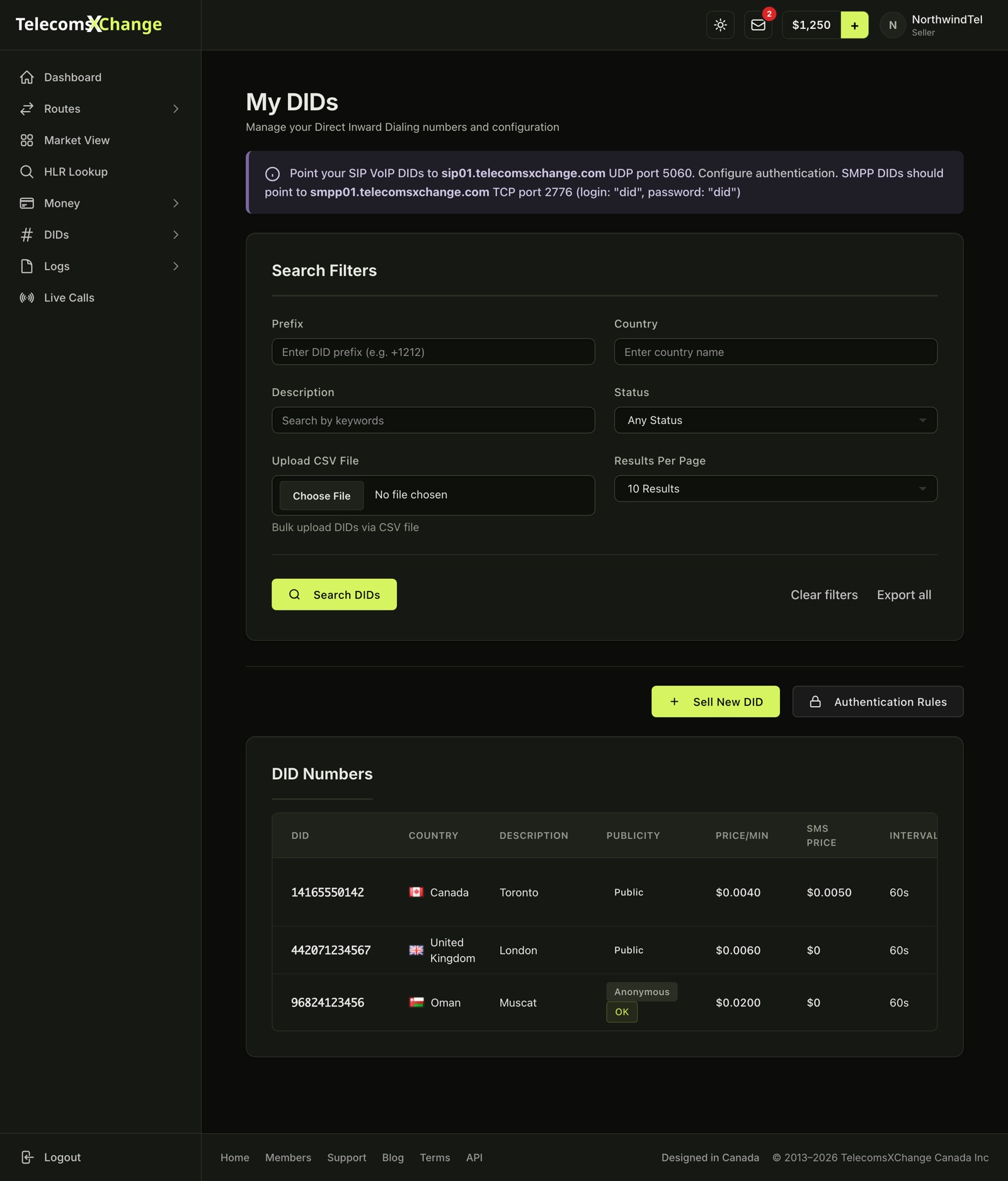 The My DIDs page with delivery details, filters and the DID list