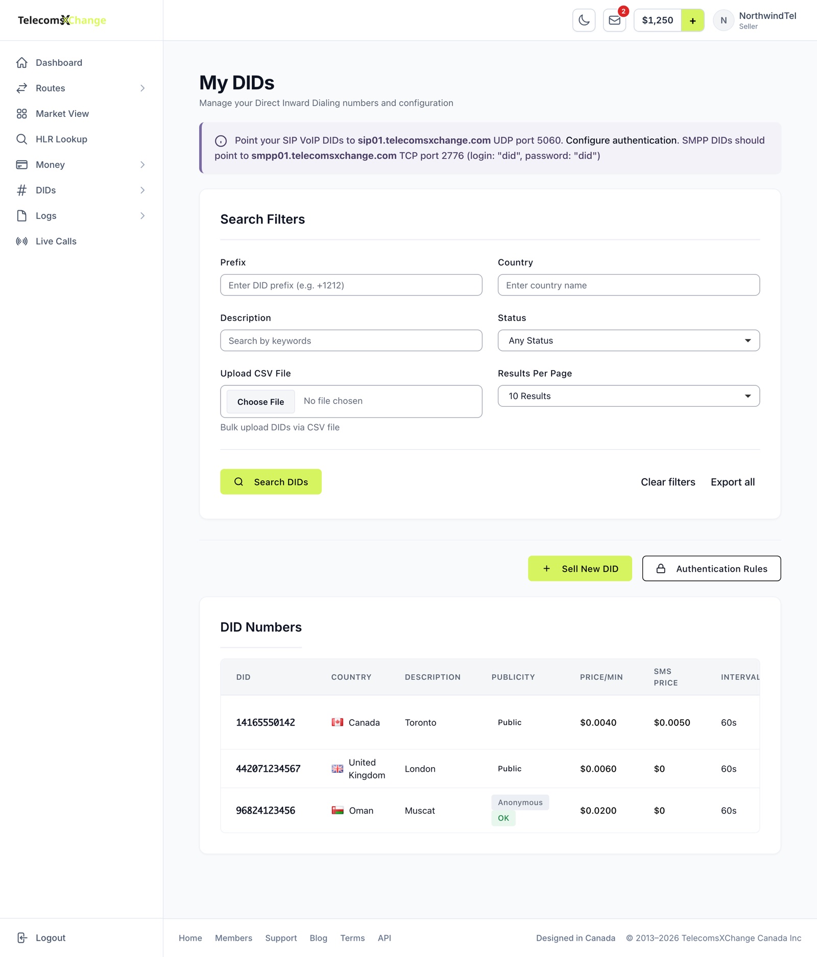 The My DIDs page with delivery details, filters and the DID list