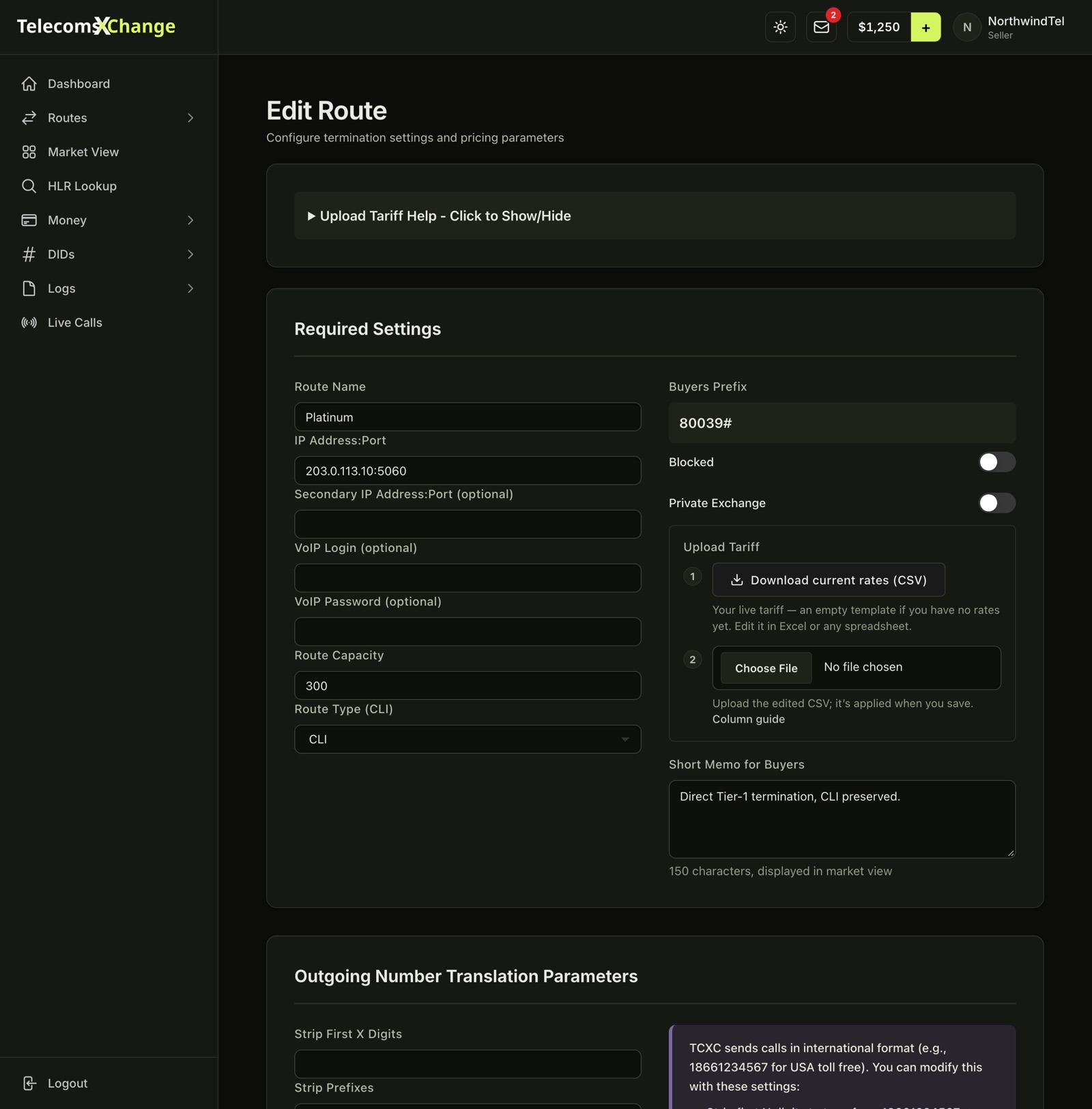 The Edit Route page with Required Settings, Upload Tariff and number translation